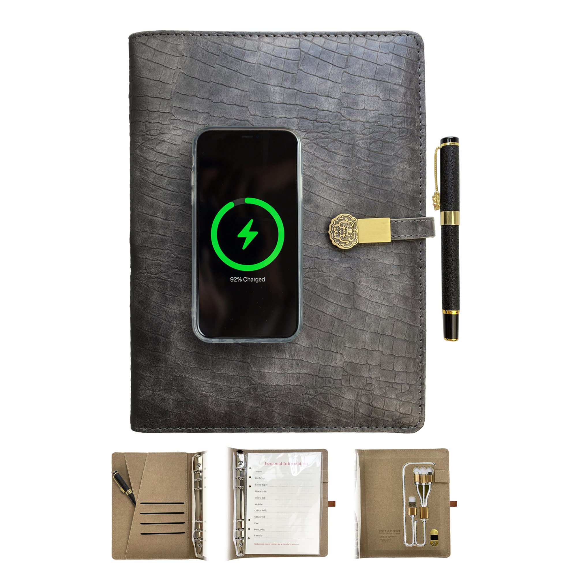 Premium Executive Smart Notebook with Qi Wireless Charger & 16GB USB Drive - Luxury Crocodile Texture Business Travel Gift for Professionals (Grey) - Perfect for Meetings, Presentations & On-the-Go Productivity