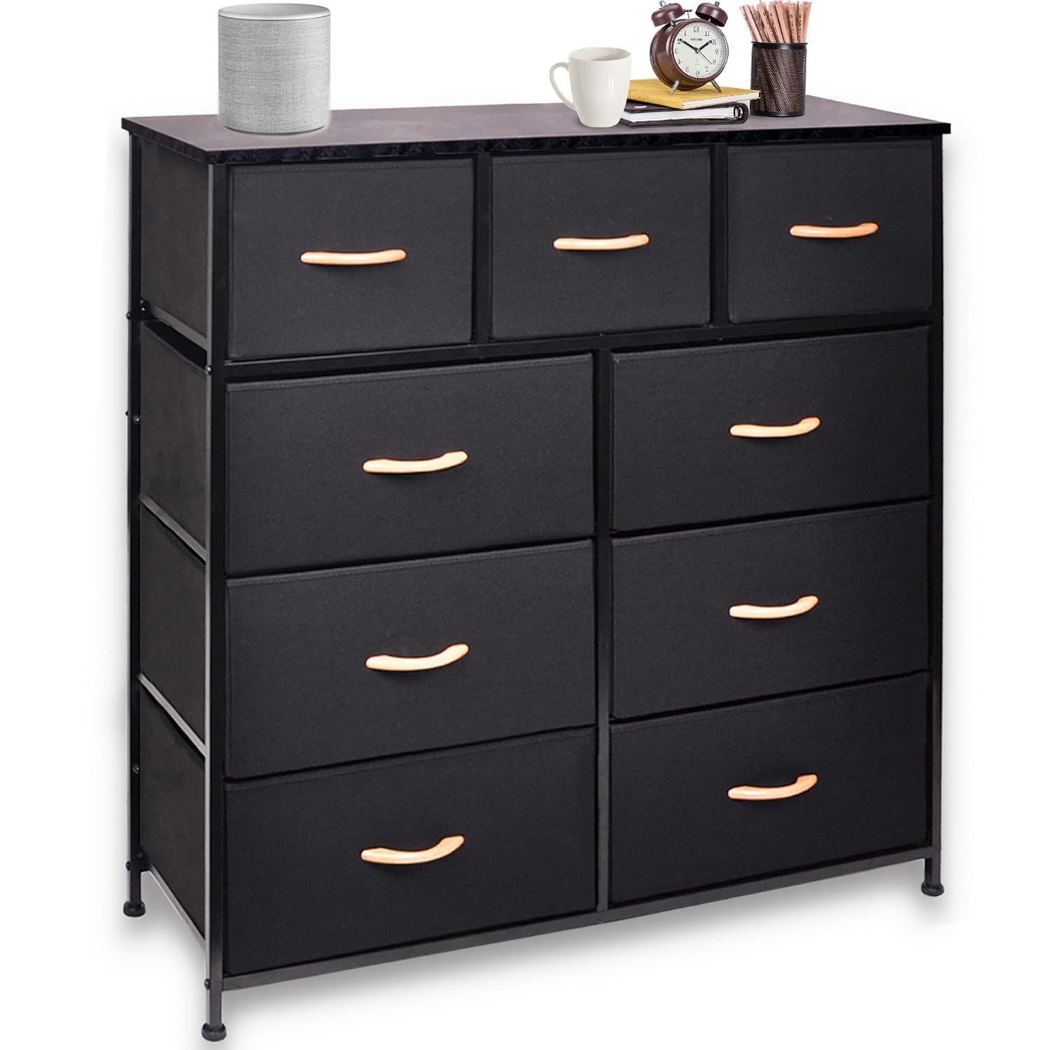 CERBIOR 9-Drawer Dresser Storage Organizer - Sturdy Steel Frame with Marble Wood Top & Easy Pull Fabric Bins for Clothes, Blankets, Toys (Black) - Perfect for Bedroom, Closet & Nursery Organization
