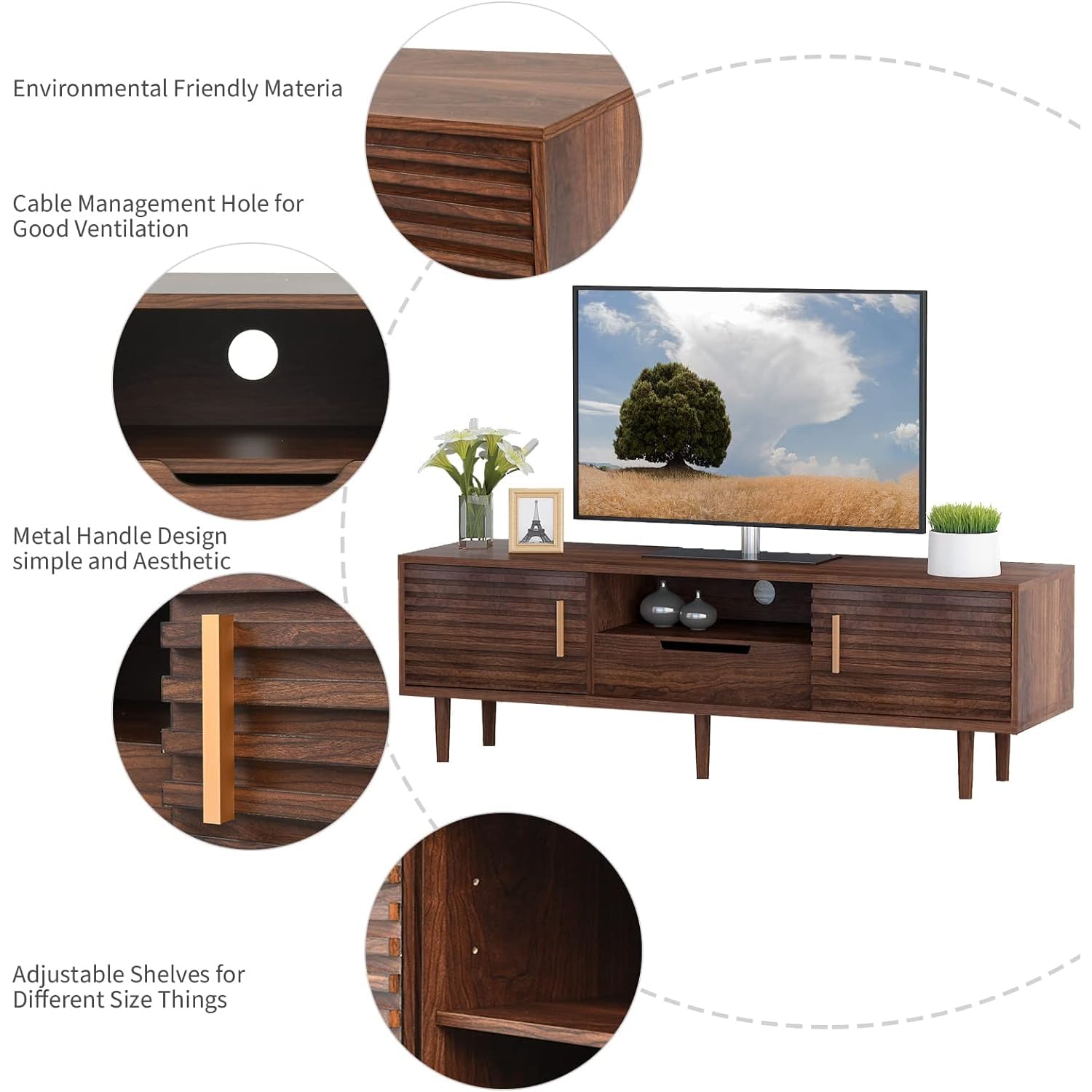 Mid-Century Modern TV Stand for 60-Inch TV - Brown Wooden Media Console with Storage Cabinet - Perfect for Living Room Home Entertainment & Stylish Décor