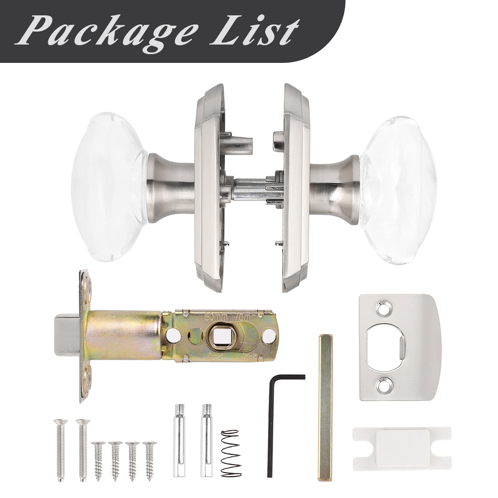 Probrico 2-Pack Oval Crystal Door Knobs - Brushed Nickel Keyless Non-Locking Glass Passage Knobs with Arched Rosette for Hall Closet & Interior Doors | Perfect for Bedrooms, Bathrooms, and Cabinets