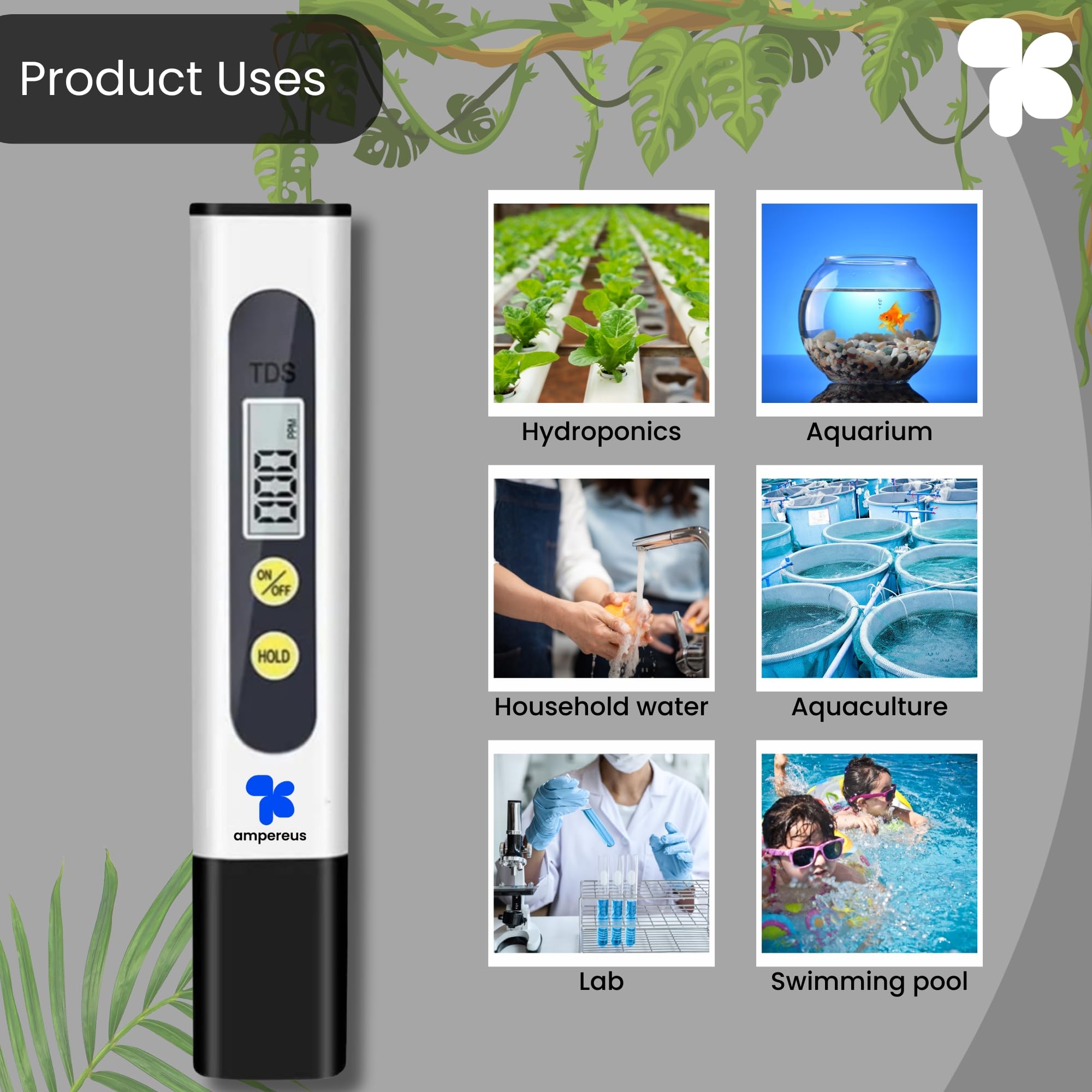 AMPEREUS Digital TDS and pH Meter - Water Quality Tester for Home, Aquariums, Pools & Commercial Use | Measures PPM, Total Dissolved Solids | Perfect for Drinking Water, Hydroponics & Water Filtration Systems