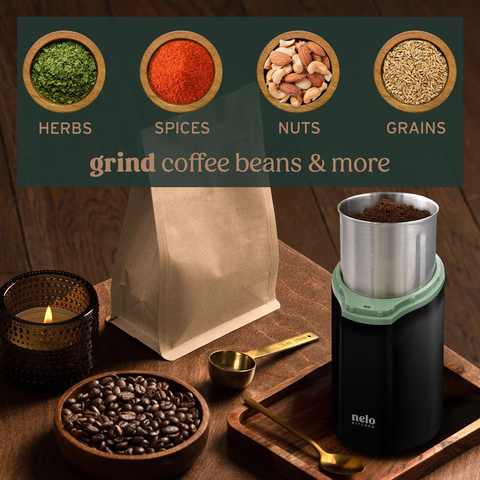 NELO 3.5oz Electric Coffee Grinder - 200W One-Touch Operation, BPA-Free Stainless Steel Dishwasher Safe Bowl for Coffee Beans, Spices & Nuts - 15 Cup Capacity - Perfect for Home Kitchens & Coffee Shops
