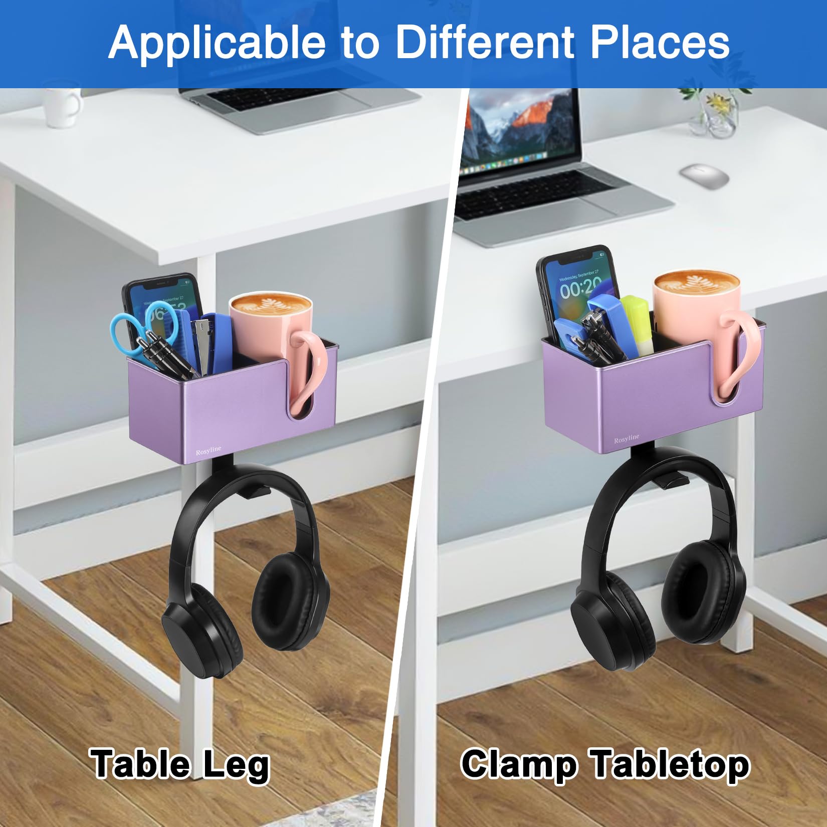ROSYLINE 3-in-1 Desk Organizer with Cup Holder, Pen Holder & Headphone Hook - Purple ABS & Metal Design for Office, Home & Dorm Organization