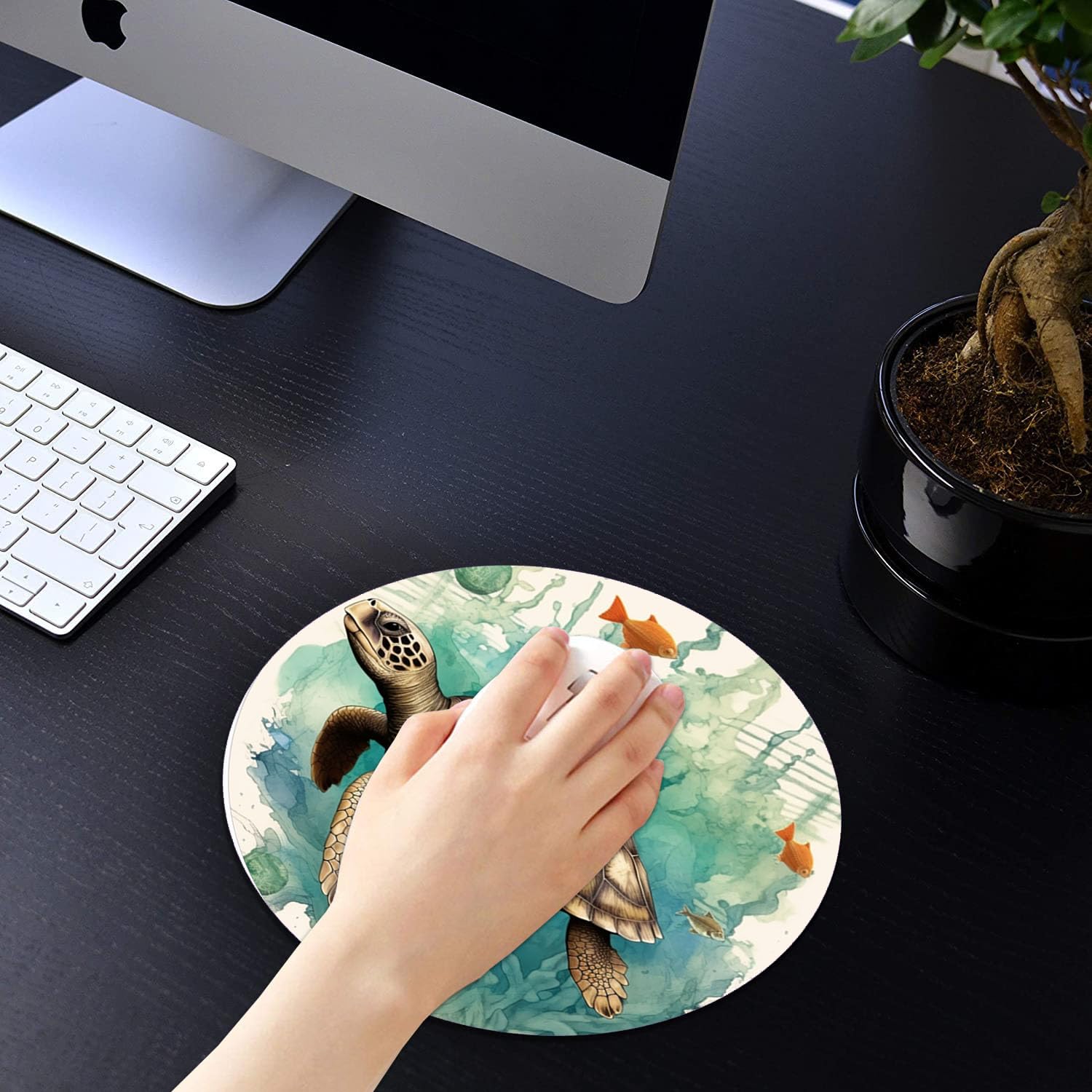 Turtle World Map Design Non-Slip Round Mouse Pad with Coasters Set - Office & Gaming Desk Accessories for Computer, Laptop, Home & Workstation Decor
