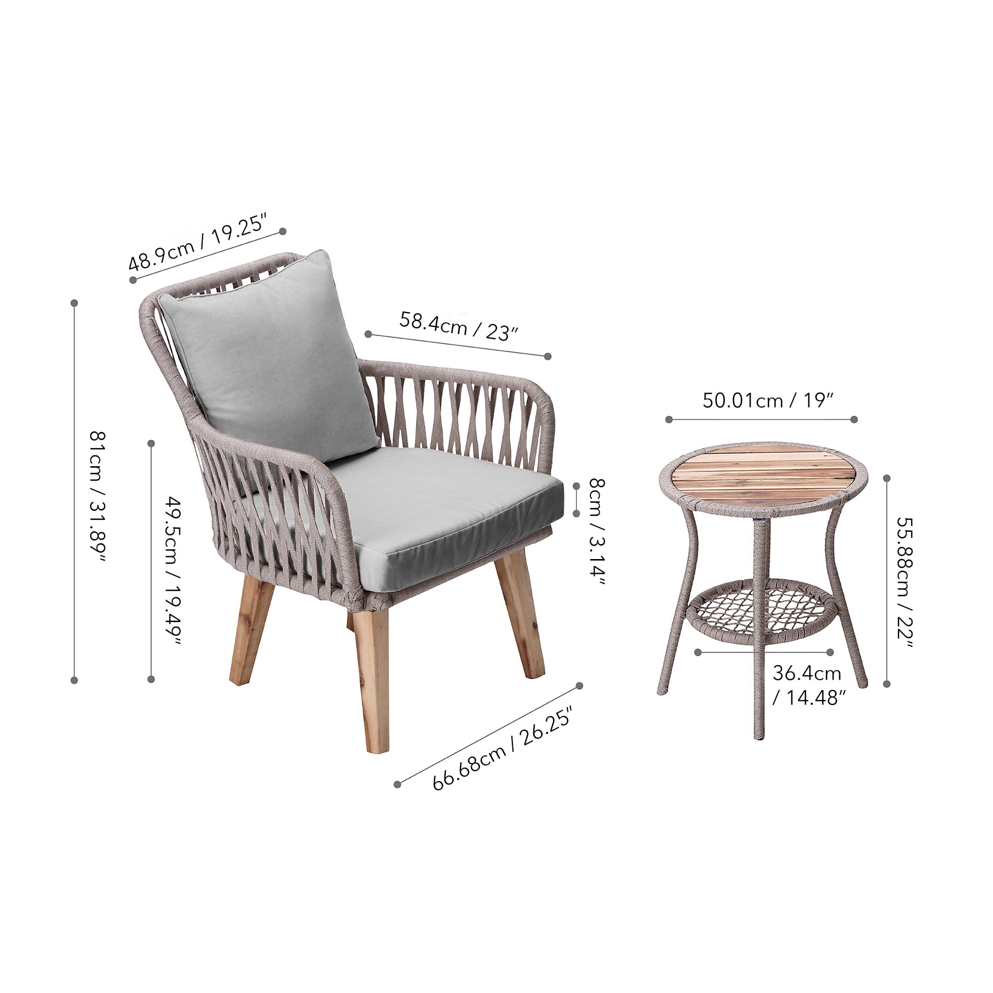 Teamson Home 3-Piece Wicker Bistro Set with Wooden Side Table & 2 Aluminum Frame Chairs - Weather-Resistant Cushions for Outdoor Patio, Garden, Backyard & Deck - Perfect for Relaxing, Dining & Entertaining Guests (Tan)