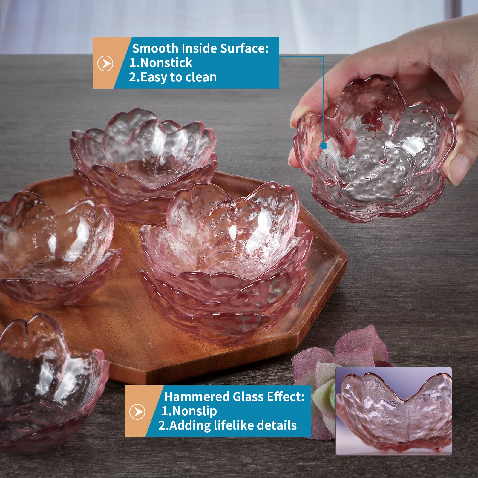 8 Pcs Glass Sakura Soy Sauce Dishes - Cute Mini Dessert Bowls & Stackable Appetizer Plates for Dips, Seasonings, Snacks, Fruits, Tea Bags - Perfect for Sushi, Ice Cream, Candy, Jewelry Storage (Pink)