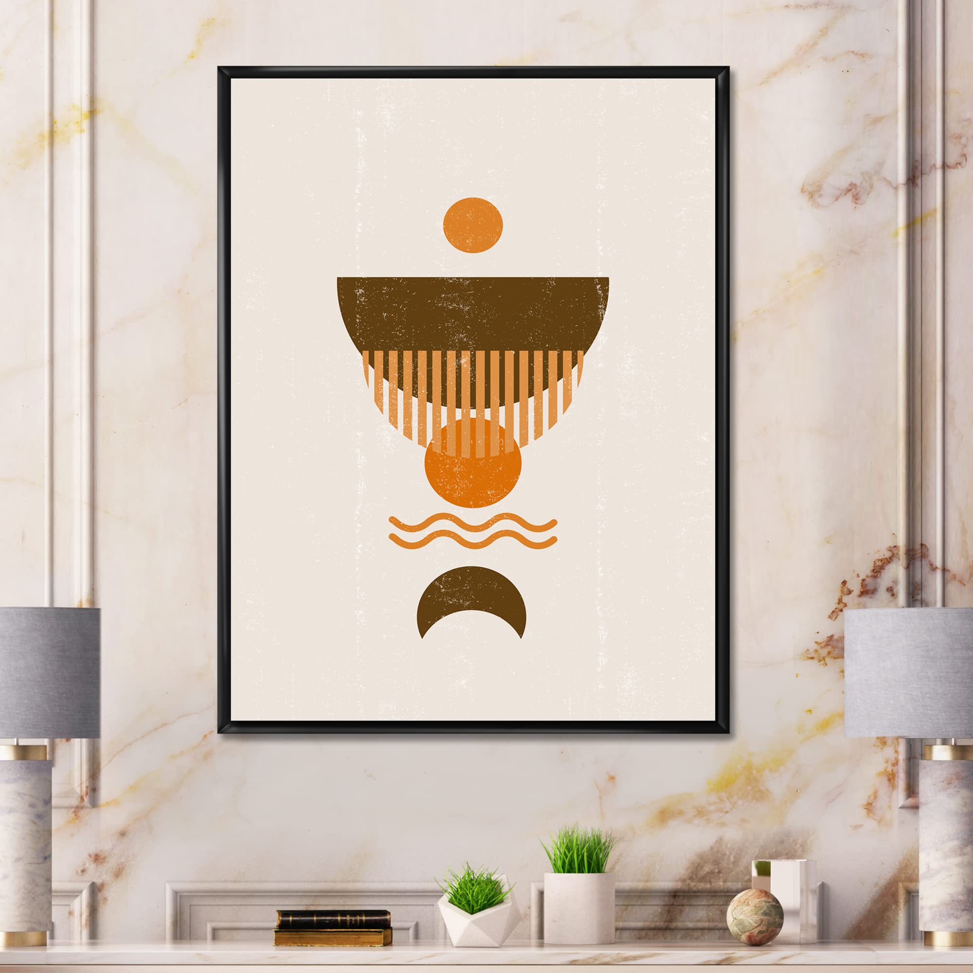 Abstract Minimal Orange Sun and Brown Moon Framed Canvas Wall Art - Modern Home Decor for Living Room, Bedroom & Office - Handmade Print for Contemporary Interior Design