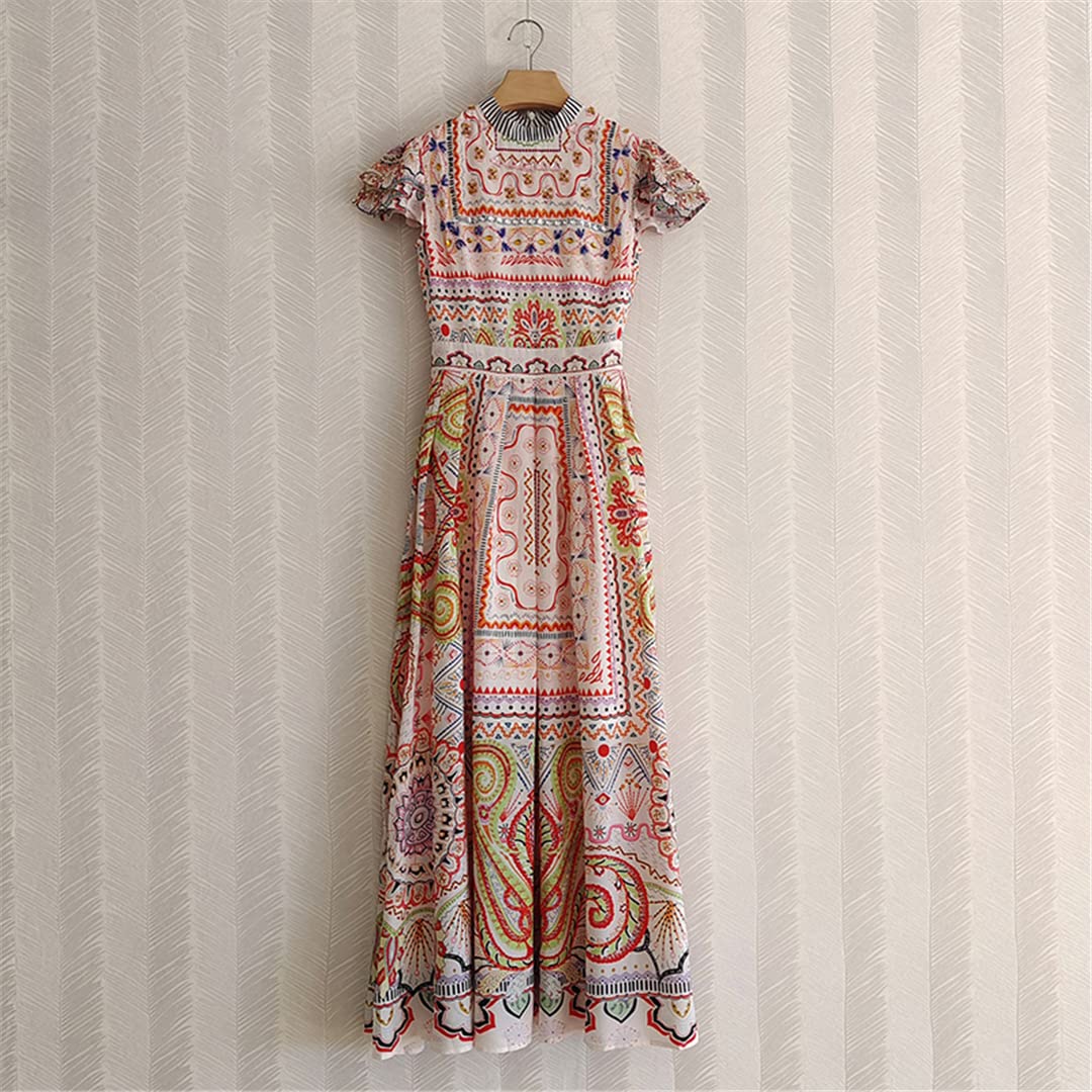 Elegant Women's Summer Party Dress with Stand Collar, Flare Sleeves, Floral Print & Crystal Beading - Perfect for Weddings, Cocktails & Special Occasions