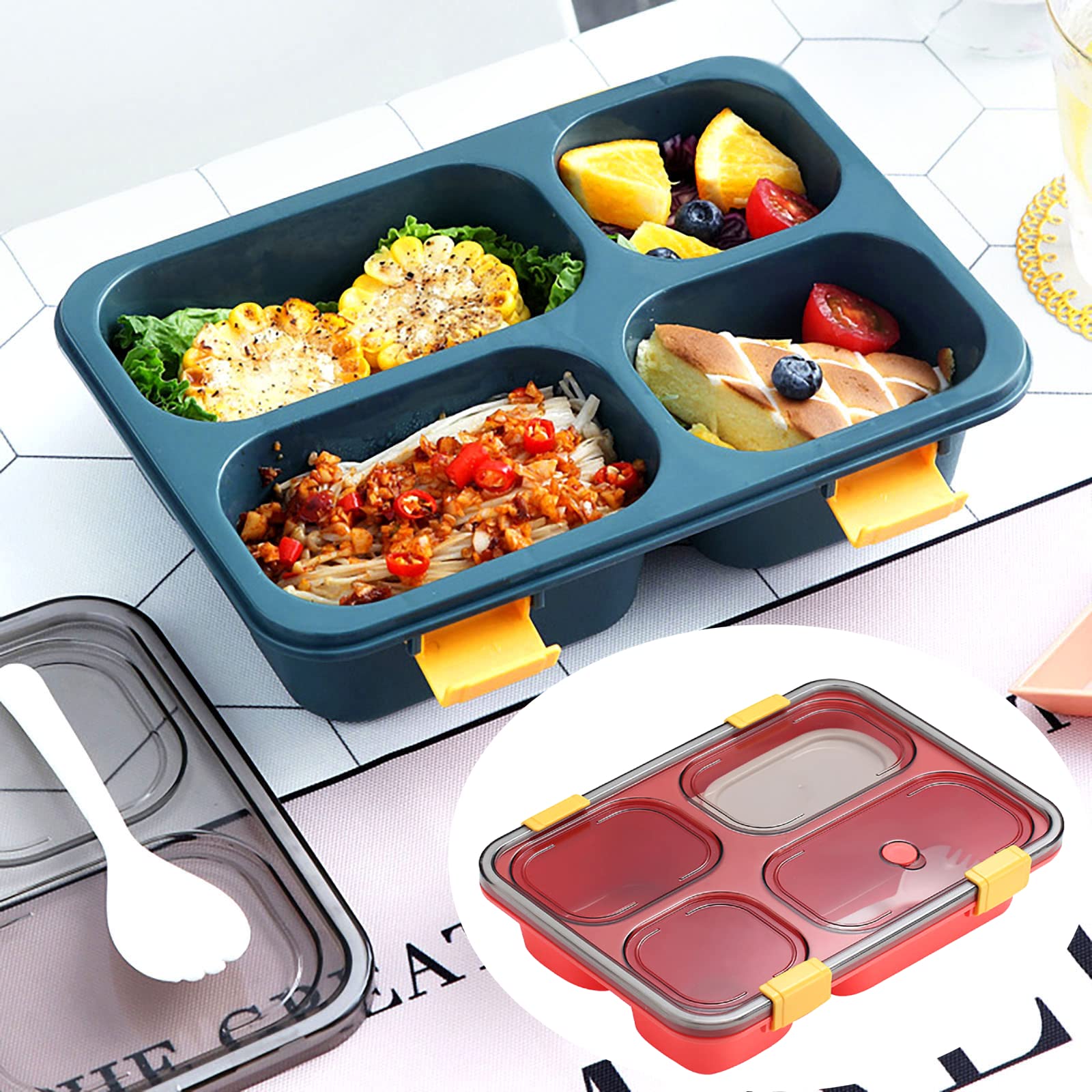 4 Compartment Bento Lunch Box for Adults & Kids - Microwave Safe Food Container for Fruits, Snacks, Meals - Perfect for School, Office, Home & Outdoor Use (Red)