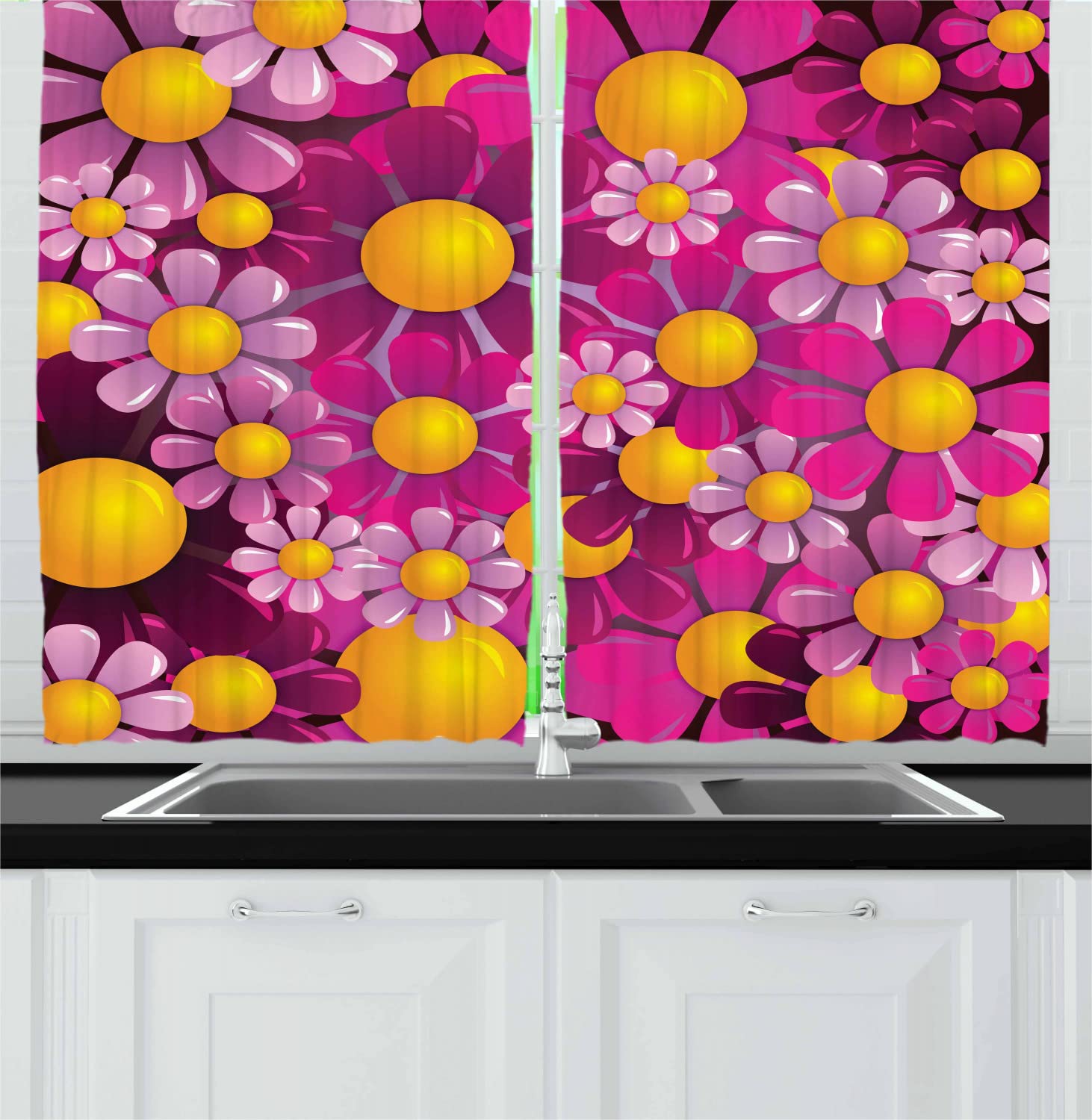 Ambesonne Abstract Floral Kitchen Curtains - Vibrant Hot Pink Lilac Orange Cartoon Garden Design, 55