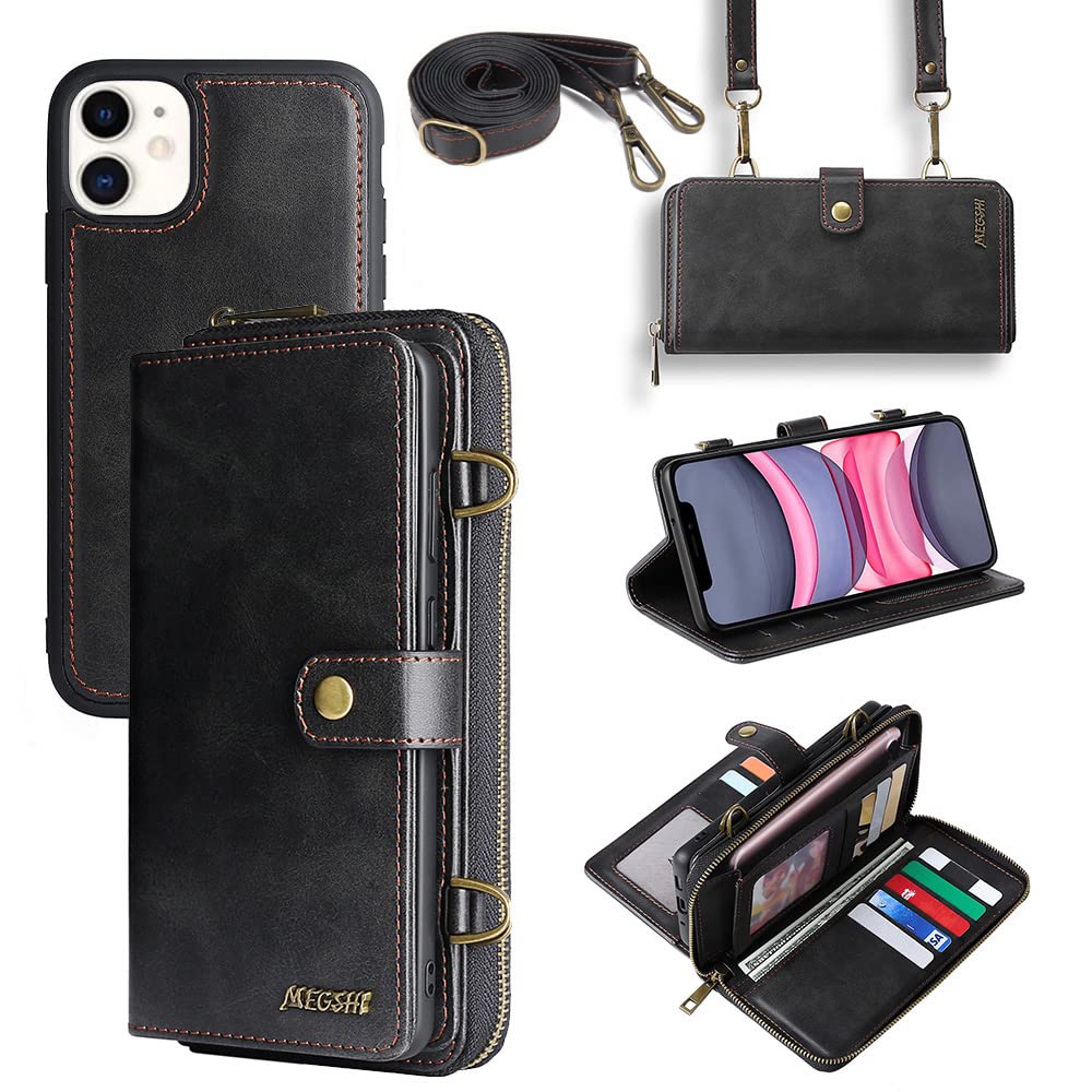 Premium Magnetic Wallet Case for iPhone 12/12 Pro - Detachable 3-in-1 Design with Flip Strap, Zipper Card Holder & Adjustable Shoulder Strap (Black) | Perfect for Travel, Shopping & Everyday Use