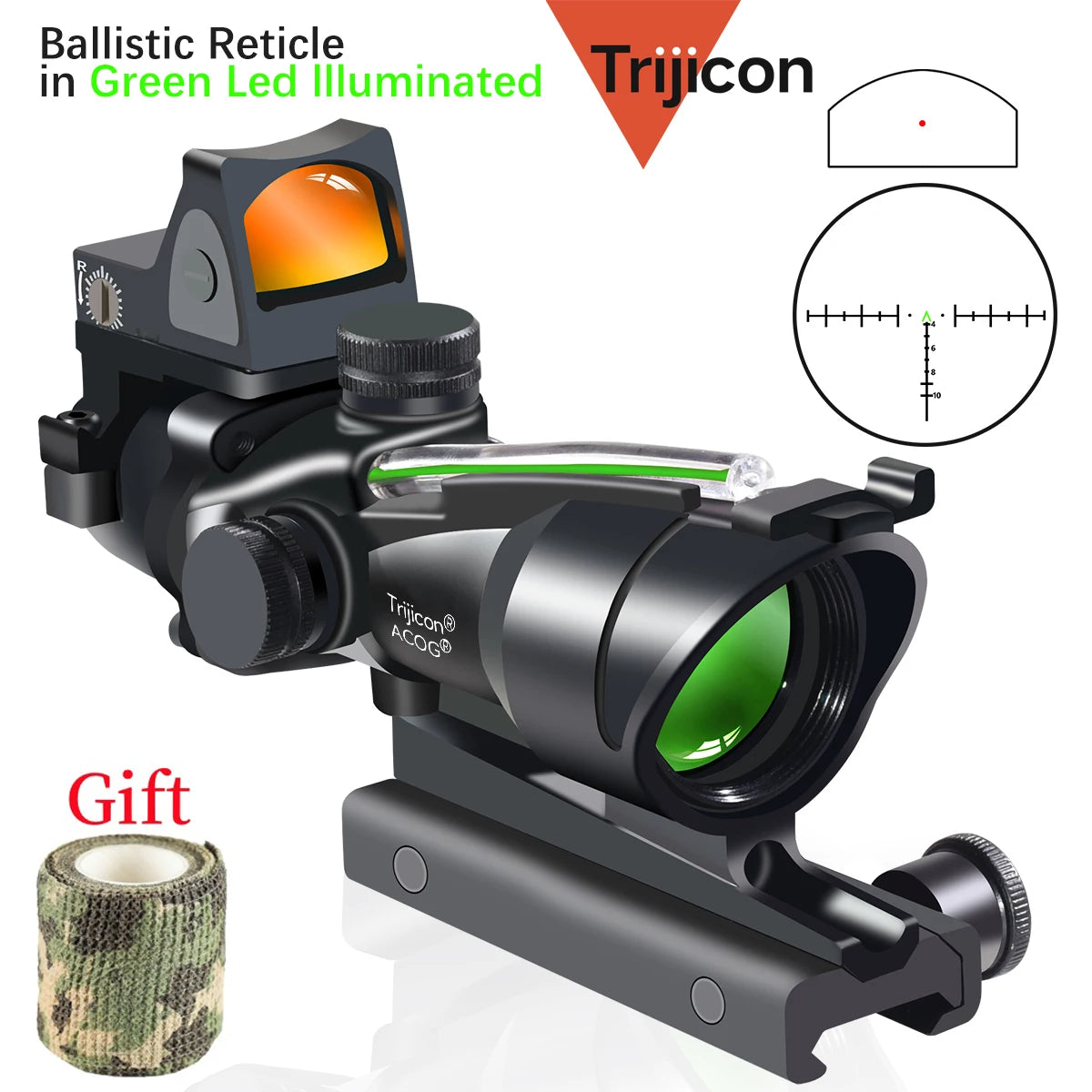 Trijicon 4x32 ACOG Scope with Red/Green Fiber Optic & Etched Reticle - Tactical Rifle Sight with RMR Red Dot for Airsoft & Hunting | Perfect for Close Quarters Combat & Long-Range Shooting