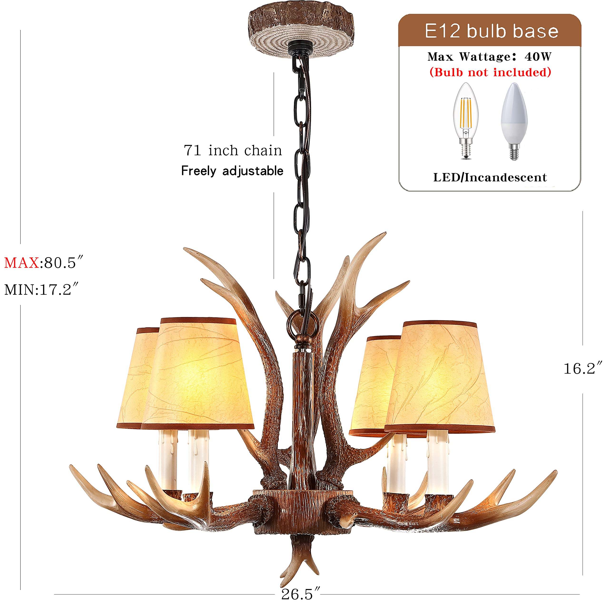 4-Light Antler Chandelier - Rustic Deer Horn Lighting Fixture with Shades for Kitchen, Dining Room, Living Room, Bedroom, Bar & Cabin Decor | Perfect for Lodge, Hunting Cabin & Western Style Homes (Brown)
