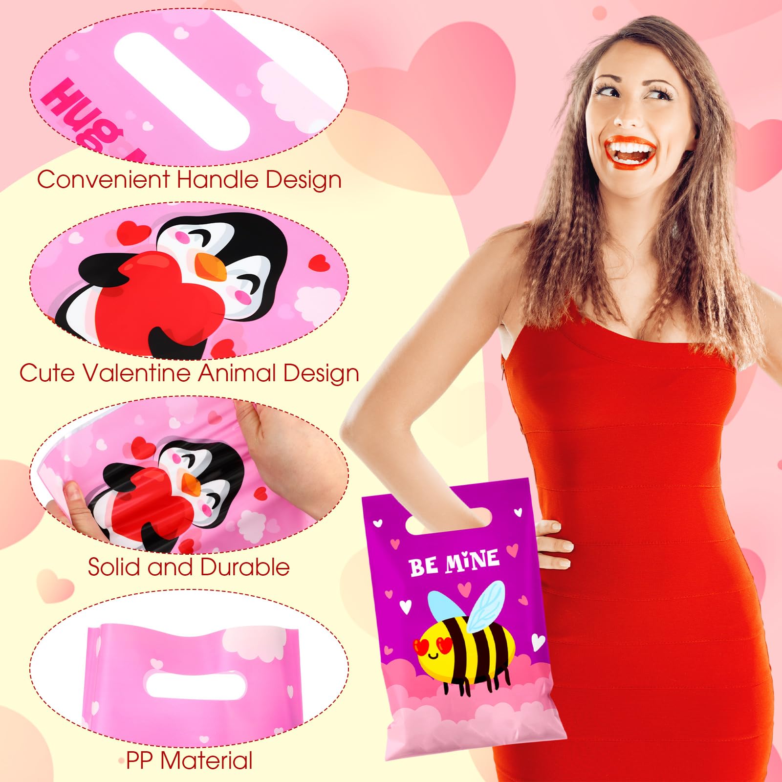 Chivertion 200 Pcs Valentine's Day Plastic Gift Bags - 11.8x8.7 Inch Cute Animal Treat Bags with Handle for Party Favors, Classroom Rewards & Holiday Goodies | Perfect for Valentine's Parties, School Events & Gift Exchanges