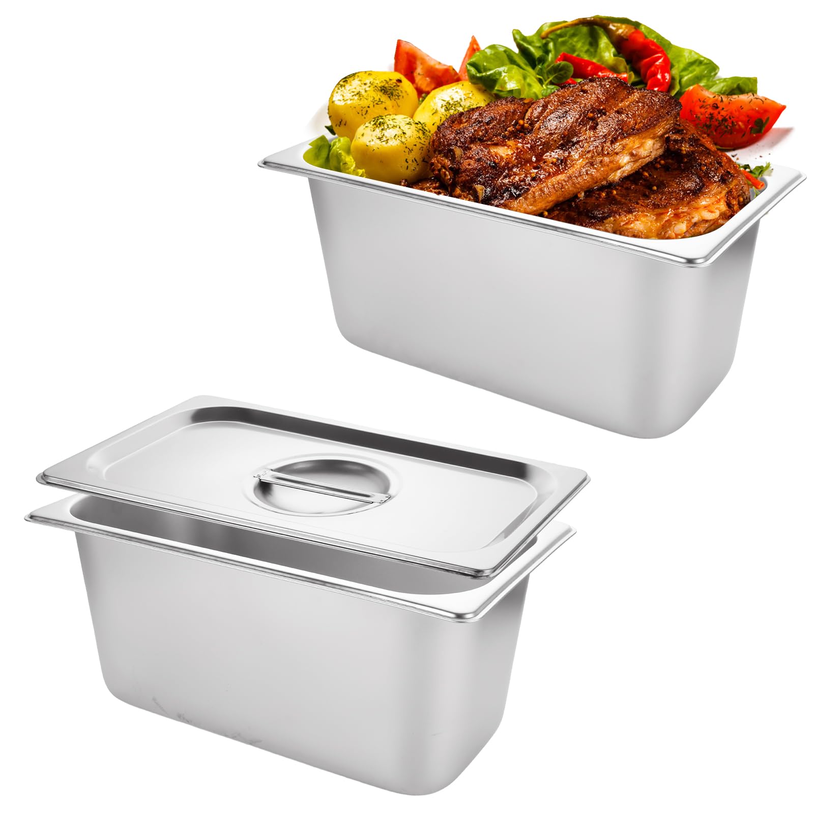 LANIAKEA 2-Pack 1/3 Size Stainless Steel Steam Table Pans with Lids - 6 Inch Deep Commercial Food Pans for Restaurants, Catering, Buffets & Party Serving | Durable Hotel Pans for Food Storage, Warming & Display