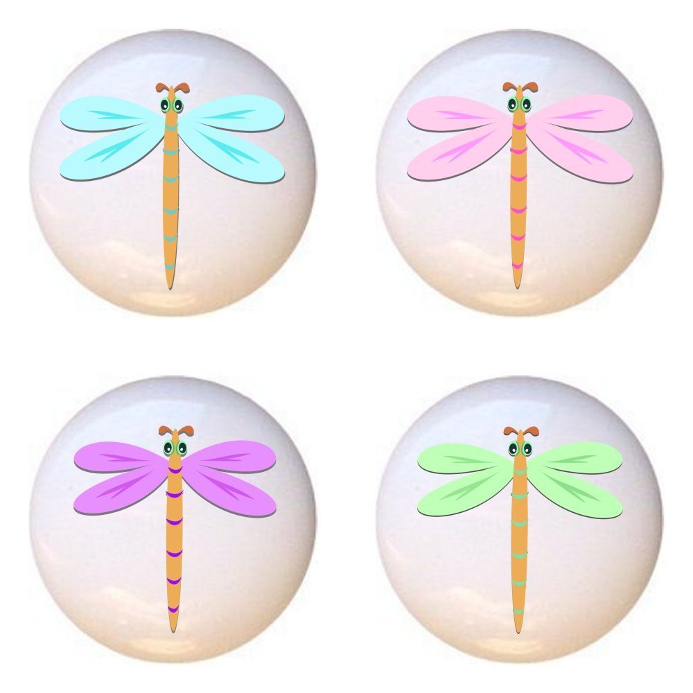 Set of 4 Pastel Dragonfly Ceramic Cabinet Knobs - Blue, Pink, Purple, Green Glossy Drawer Pulls for Dresser & Furniture - Perfect for Bedroom, Bathroom & Kitchen Cabinets