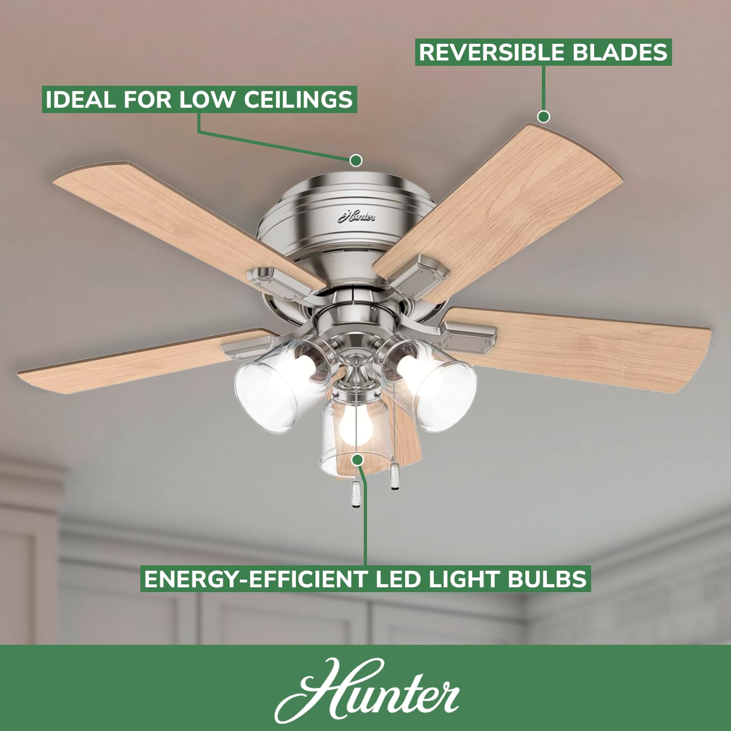 Hunter Fan Company 52154 42-Inch Crestfield Brushed Nickel Low Profile Ceiling Fan with LED Light Kit and Pull Chain - Perfect for Bedroom, Living Room, and Indoor Spaces