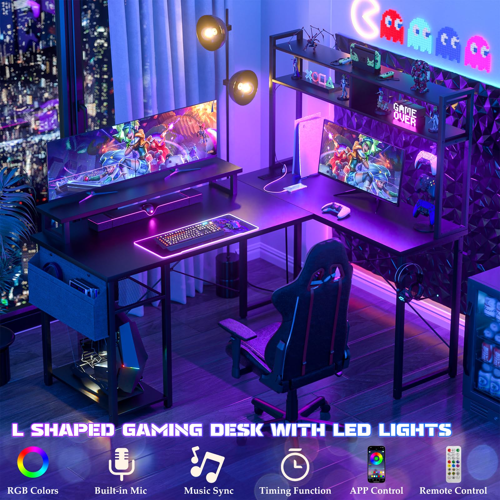 Aheaplus Small L-Shaped Gaming Desk with LED Lights & Power Outouts - Reversible Corner Computer Desk with Monitor Stand, Storage Shelf & Cable Management Bag - Perfect for Home Office, Streaming Setup & Small Space Gaming (Black)