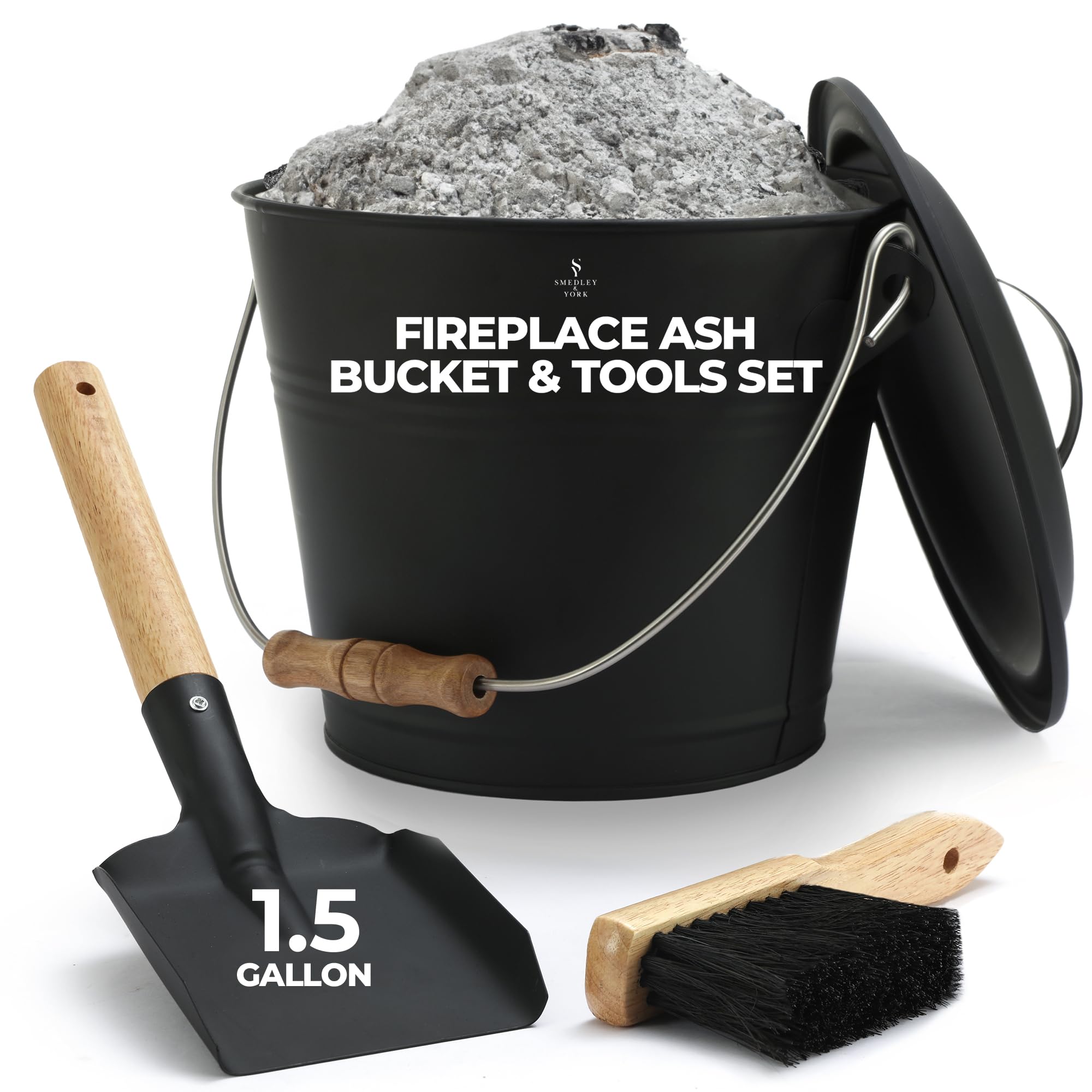 Galvanized Iron Ash Bucket with Lid - 1.5 Gallon Fireplace Coal & Charcoal Metal Pail - Includes Shovel, Broom & Tools - Perfect for Fireplace Cleaning, BBQ Ash Removal & Outdoor Camping Use
