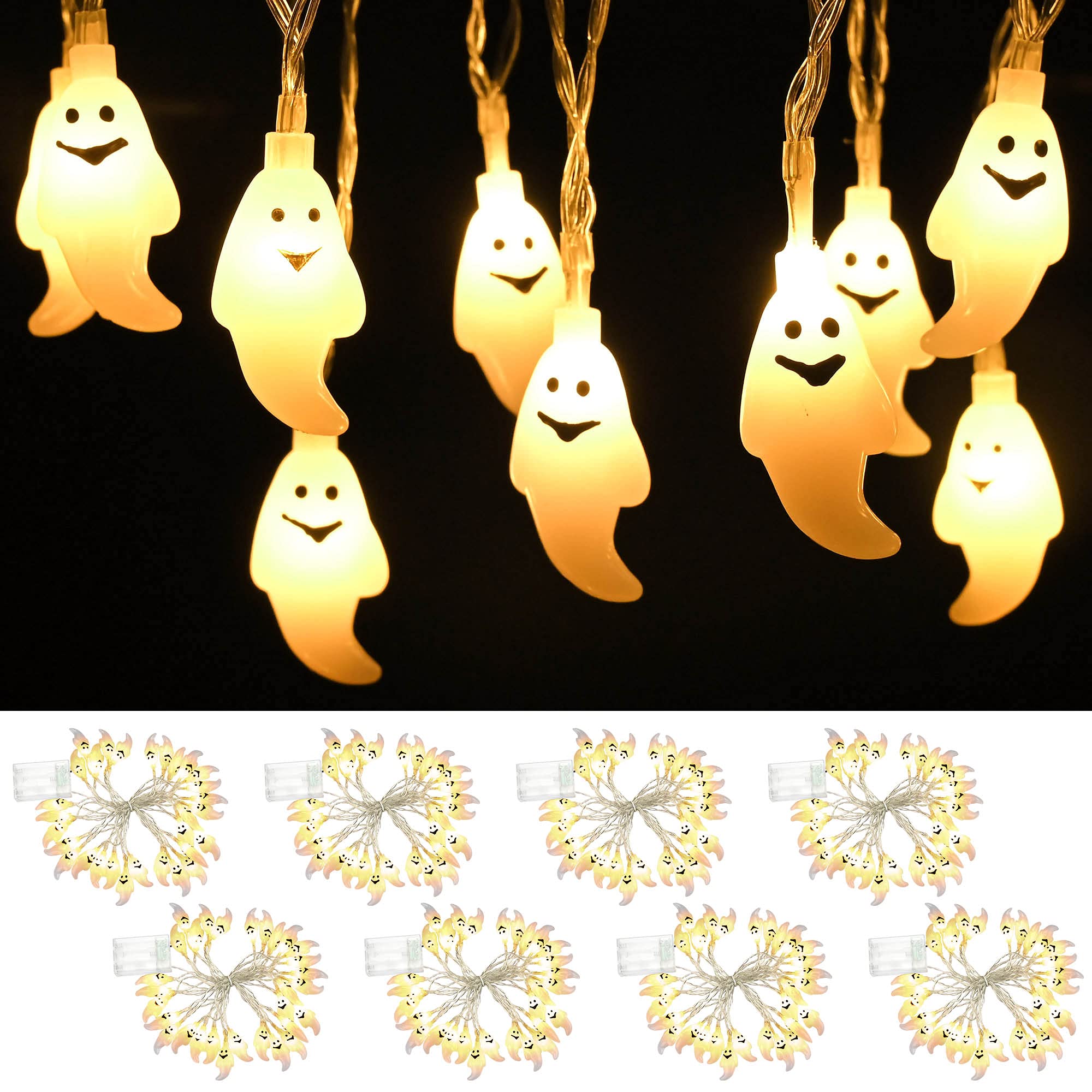 8Pcs 15ft Halloween White Ghost String Lights - 30 LED Battery Operated Fairy Lights for Indoor Party, Bedroom, Home & Festival Decorations - Perfect for Halloween, Christmas, Weddings and Cozy Night Ambiance