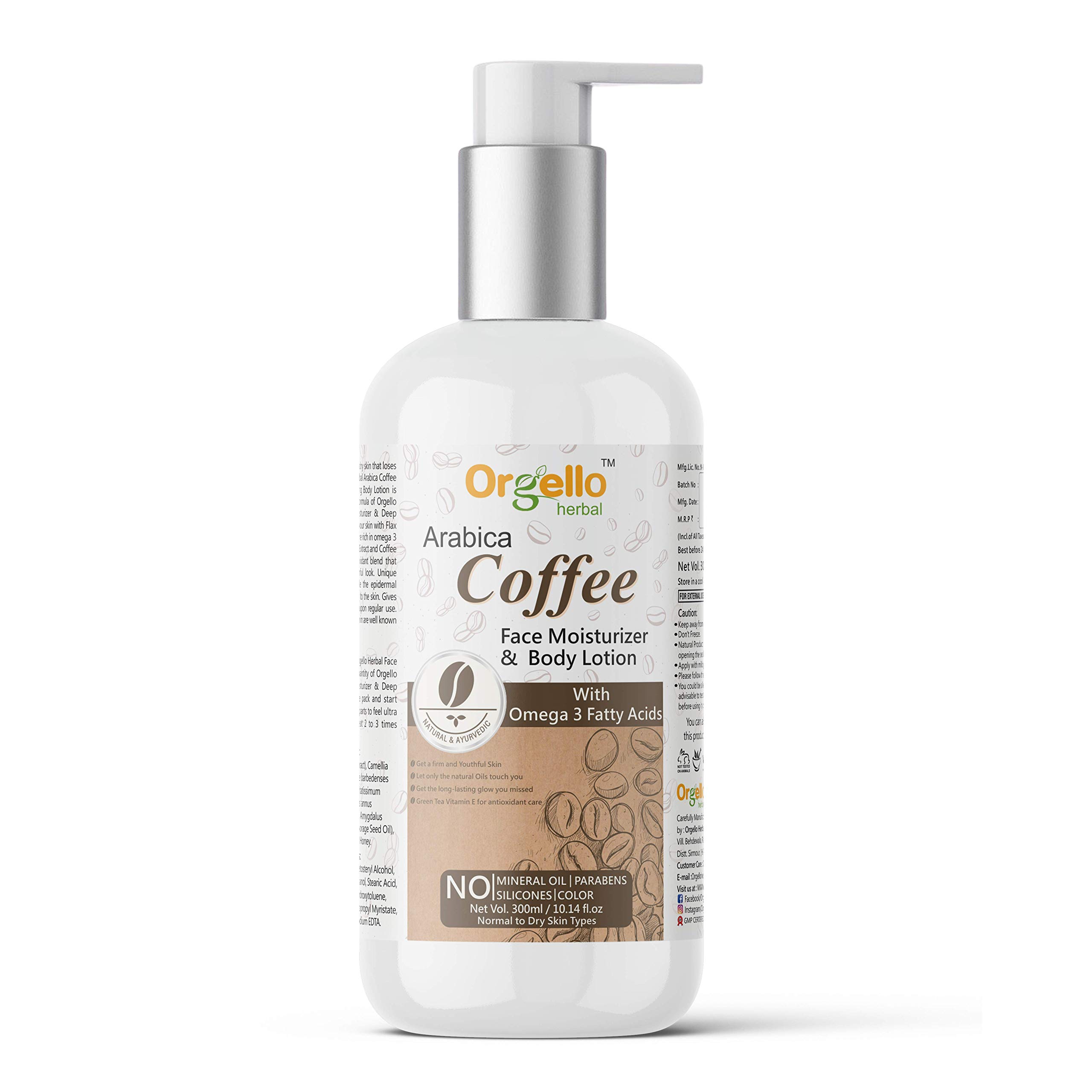 Orgello Herbal Coffee Body Lotion for Men & Women - 300ml Moisturizing Cream for Dry to Normal Skin with Borage Seed Oil, Flaxseed Oil, Almond Oil & Sunflower Oil - Paraben-Free Face & Body Hydration - Perfect for Daily Skincare Routine & Post-Shave Soothing