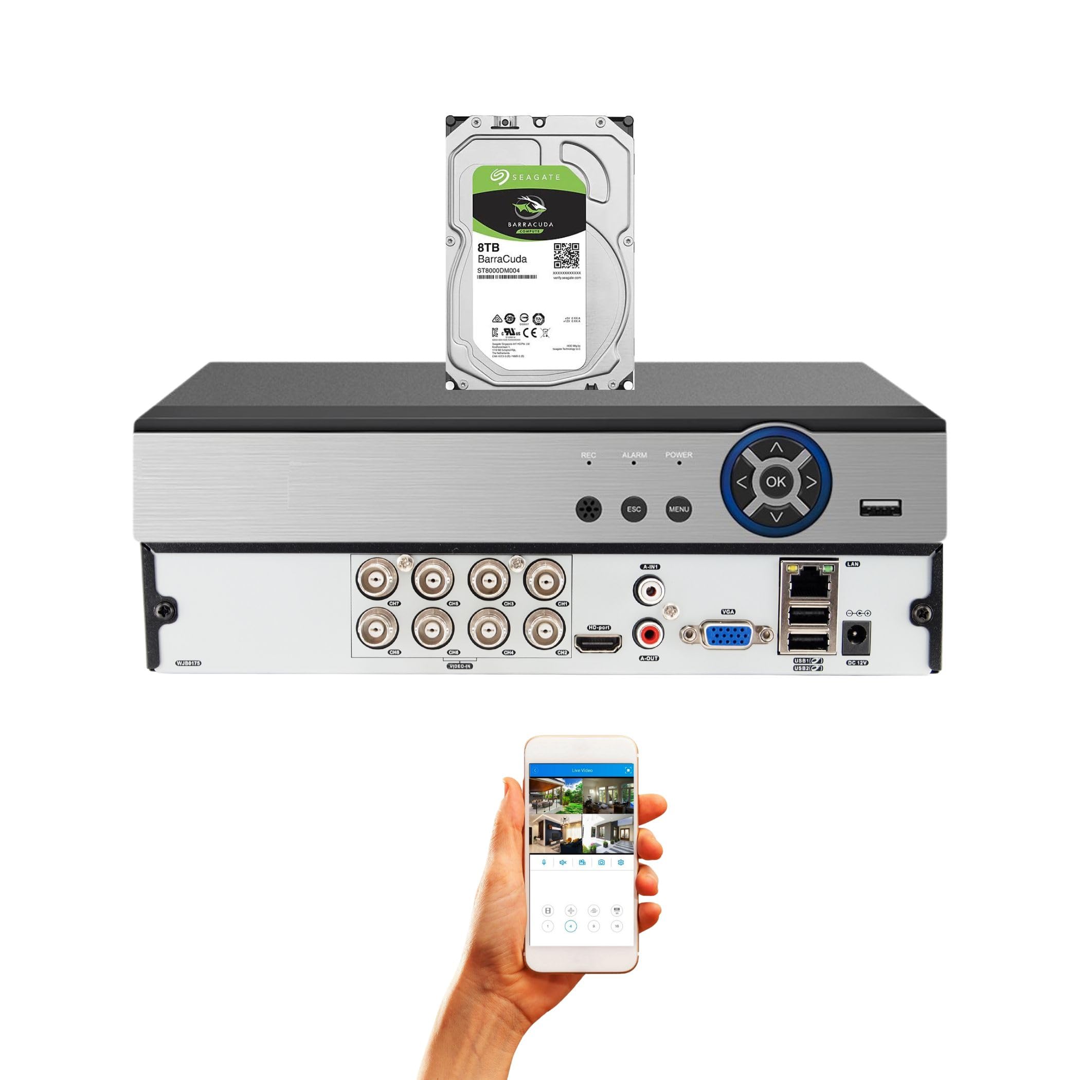 8 Channel H.265 Security DVR with 8TB HDD - Supports 2MP AHD/TVI/CVI Analog Cameras for Home & Business Surveillance - Indoor/Outdoor Security System for Office, Warehouse, Retail Store Monitoring