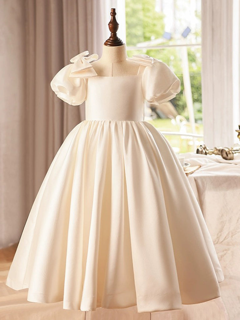 Elegant A-Line Puff Sleeves Satin Flower Girl Dress in Beige - Perfect for Weddings, Baptisms & Special Occasions