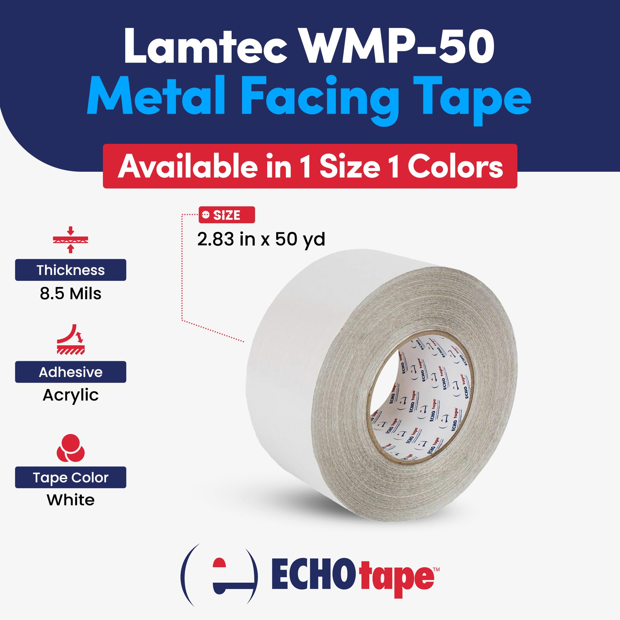 ECHOtape FS-G7736 All Weather Lamtec WMP-50 Facing Tape - Heavy Duty Metal Building Insulation Tape, White Seam and Repair Tape with Cold Weather Acrylic Adhesive (2.83 in x 50 yds) - Ideal for Roofing, HVAC, and Construction Projects