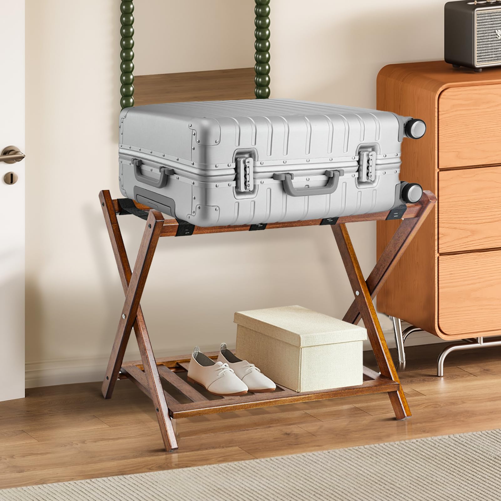 Babion Heavy Duty Folding Luggage Rack with Shelf - 2 Tier Wooden Suitcase Stand with Nylon Belts - Space Saving Foldable Bag Holder for Bedroom, Guest Room, Closet Organization (4 Pack) - Perfect for Travel Storage & Small Space Living