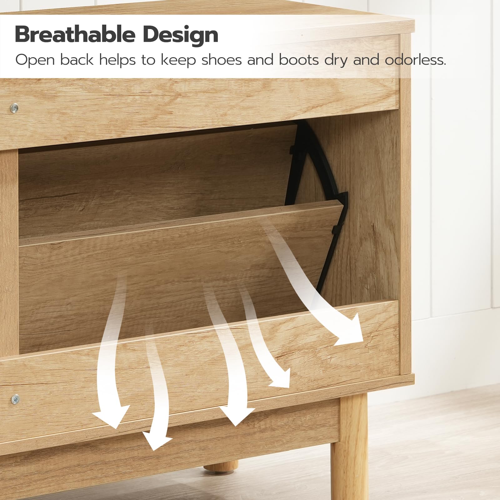 HOOBRO Shoe Storage Bench with Flip Drawers - Rattan-Like Entryway Shoe Rack & Cabinet - Narrow Wooden Shoe Organizer for Hallway, Living Room & Bedroom - Natural Finish NL51HX01