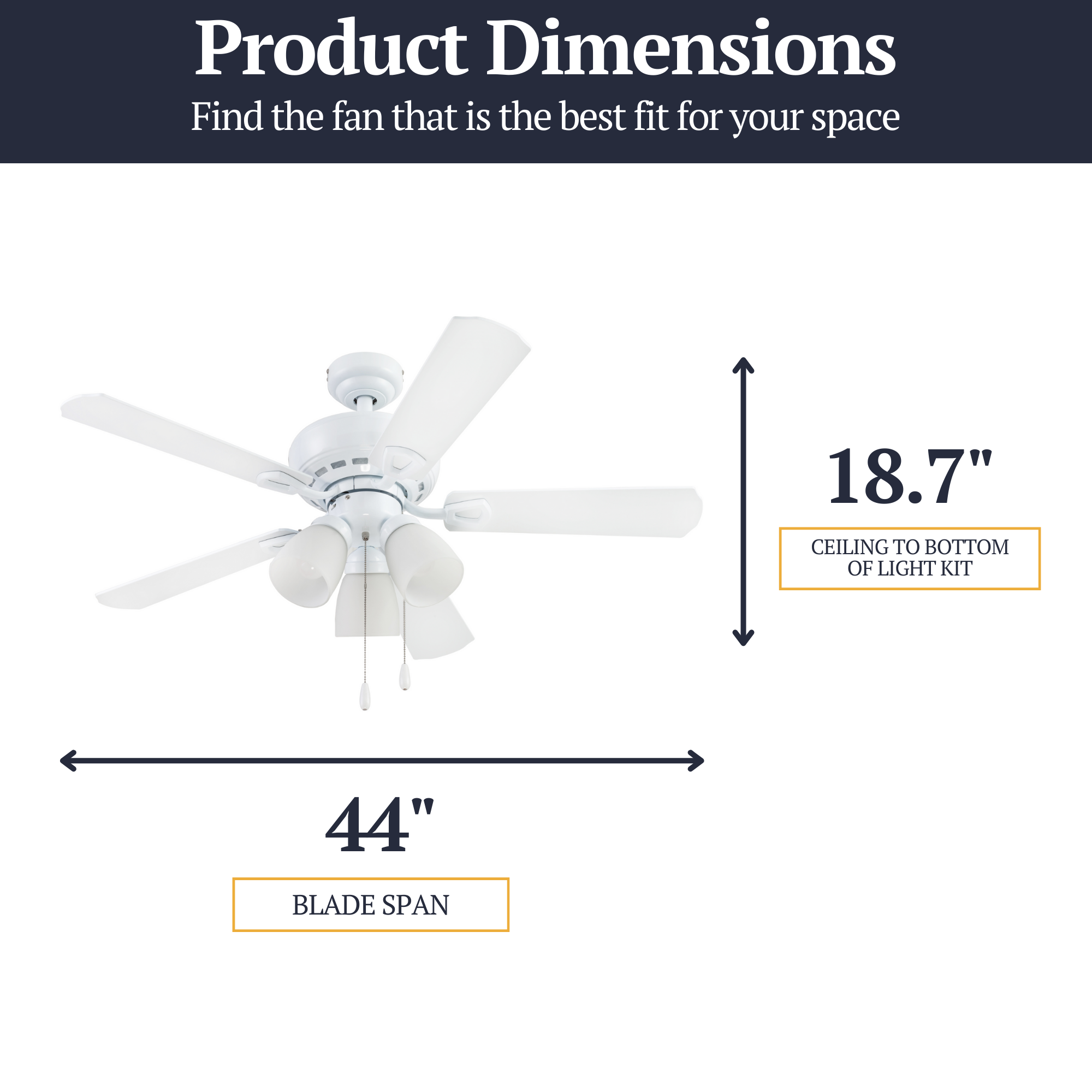 44 Inch White Miller Park Ceiling Fan with Pull Chain - Perfect for Living Room, Bedroom, and Office Cooling