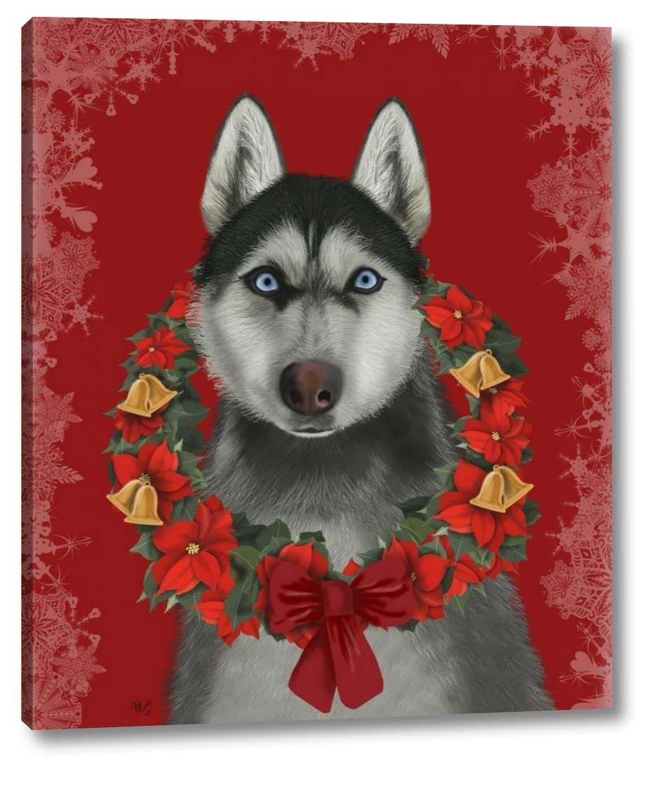 Fab Funky Husky and Poinsettia Wreath Canvas Art Print - 14x16 Inch Gallery Wrapped Wall Decor - Ready to Hang - Perfect for Christmas Home Decor, Living Room, Bedroom & Office