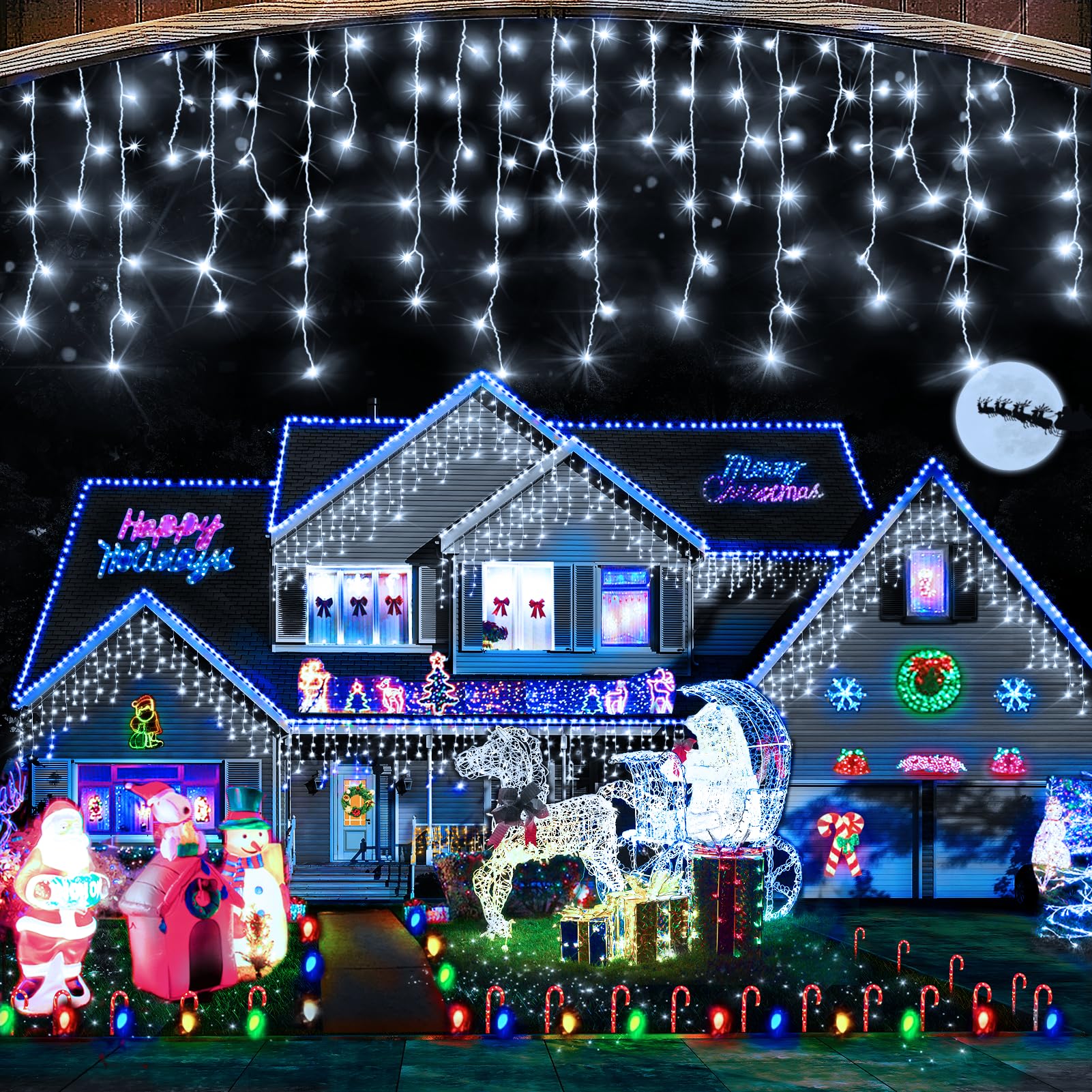 800 LED 65.6 FT Christmas String Lights Outdoor - 8 Lighting Modes, 150 Drops Fairy Curtain Lights for Christmas Decorations, Party, Garden, Yard, Window & Indoor Use (Cold White) - Perfect for Holiday, Wedding, and Home Decoration