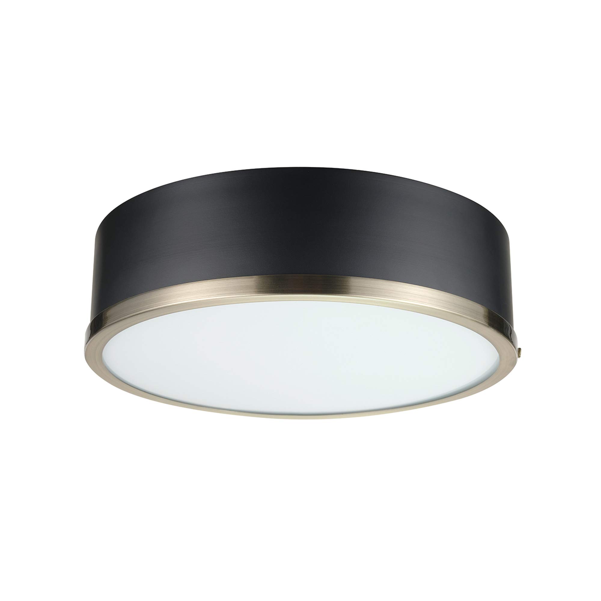 Globe Electric 60309 2-Light Flush Mount Ceiling Fixture - Matte Black with Antique Brass Accents & Frosted Glass Shade - E26 Base (Bulb Not Included) - Perfect for Bedroom, Hallway, or Kitchen Lighting