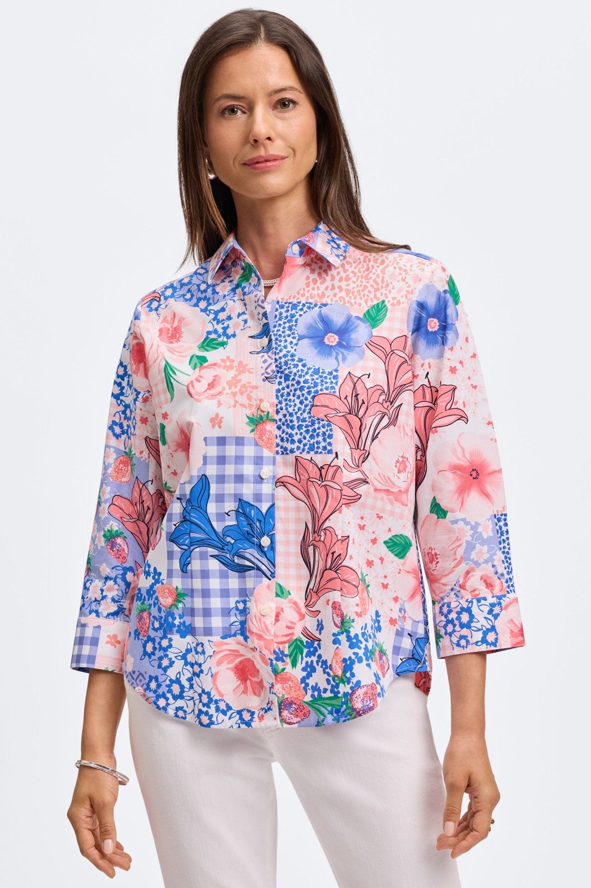 June Springtime Collage 3/4 Sleeve Blouse - Women's Floral Print Casual Top for Spring & Summer Outfits | Perfect for Office, Date Night & Weekend Wear