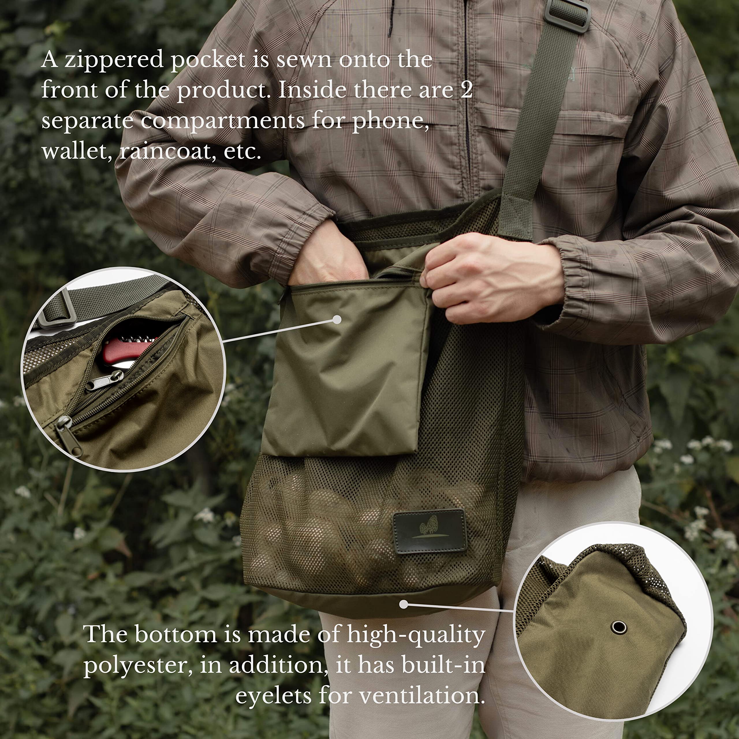 Durable Mesh Harvest Bag for Fruit Picking, Vegetable Gathering & Mushroom Hunting - Reusable Khaki Garden Bag with Pocket for Apples, Berries, Morels - Perfect for Farmers Market, Beach Trips & Outdoor Adventures