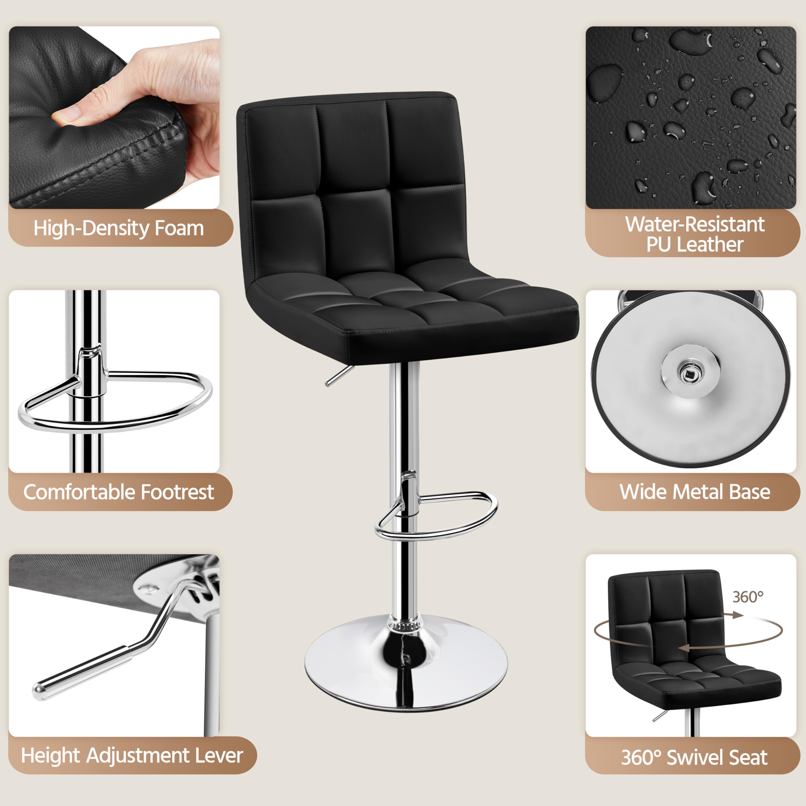 Yaheetech 3-Piece Modern Bar Table Set with Round Counter Height Table & 2 Adjustable PU Leather Swivel Bar Stools - Black Kitchen Dining Set for Breakfast Nook, Small Space & Apartment Living