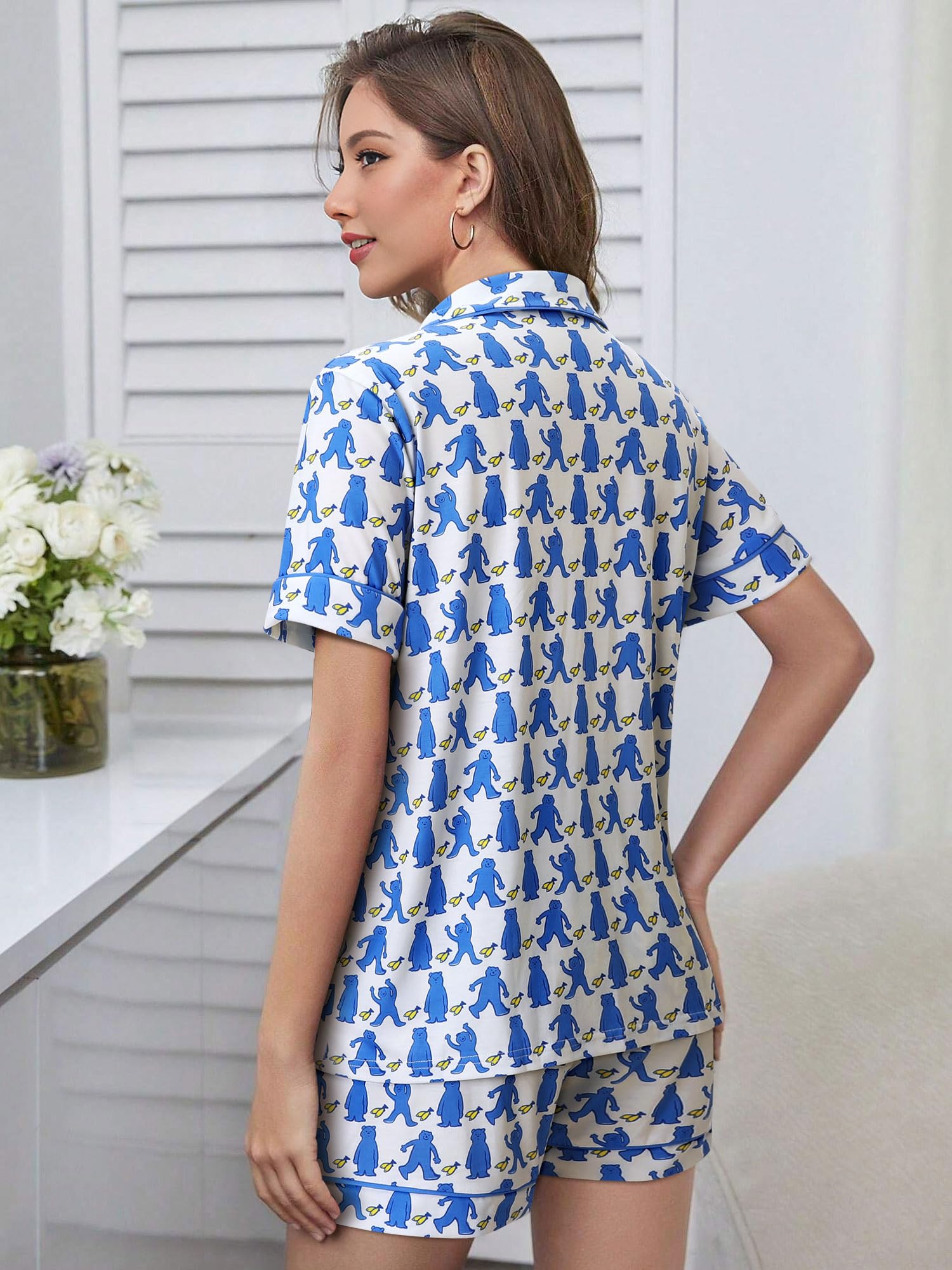 Women's Y2K Cute Preppy Monkey Pajama Set - 2 Piece Short Sleeve Button Down Loungewear with Shorts | Perfect for Sleepovers, Cozy Nights & TikTok Fashion