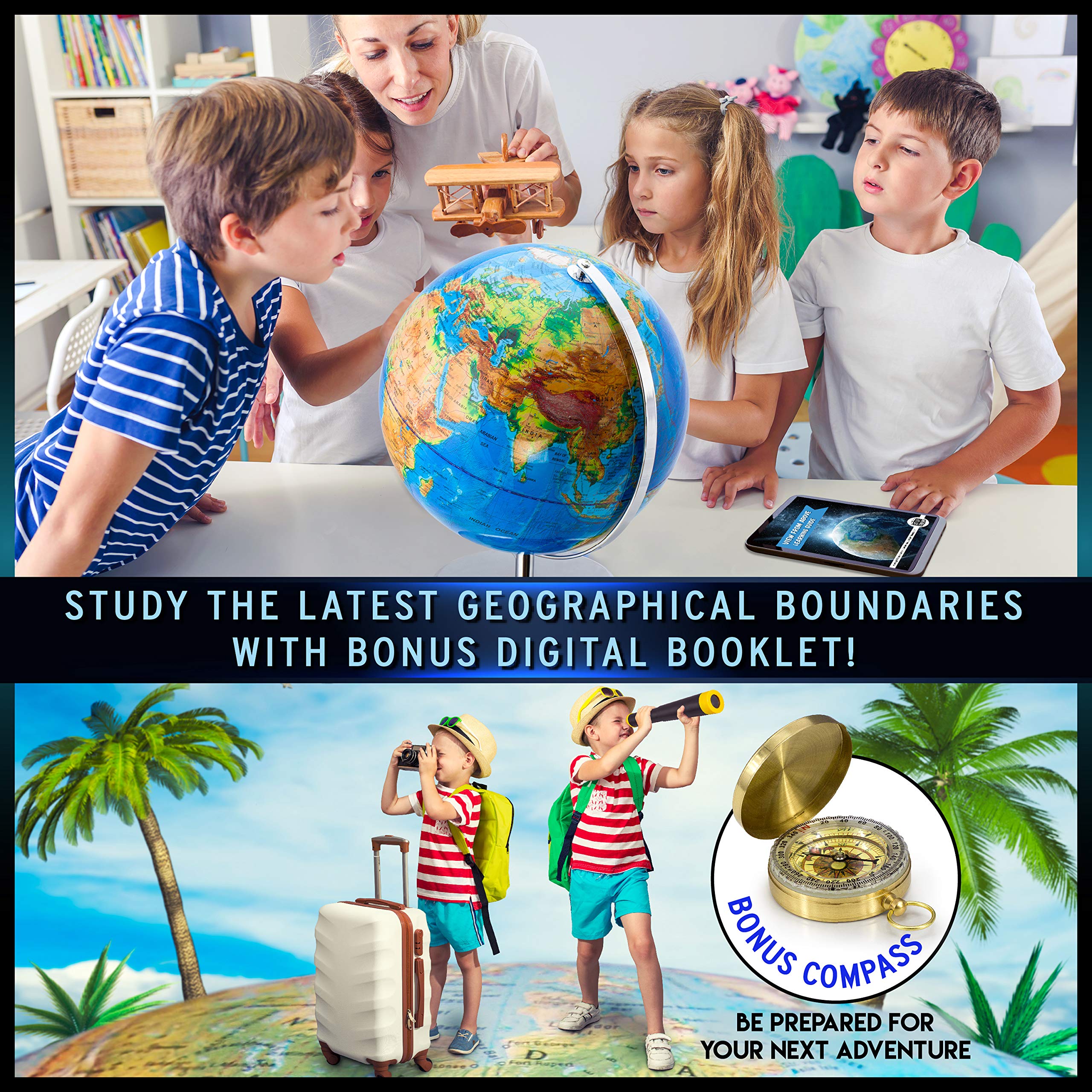 Interactive Illuminated World Globe for Adults & Kids - 13 Inch Large Educational Globe with Stand, Constellations & Compass - Perfect for Geography Learning, Home Decor & Night Light - Great Gift for Students & Travel Enthusiasts