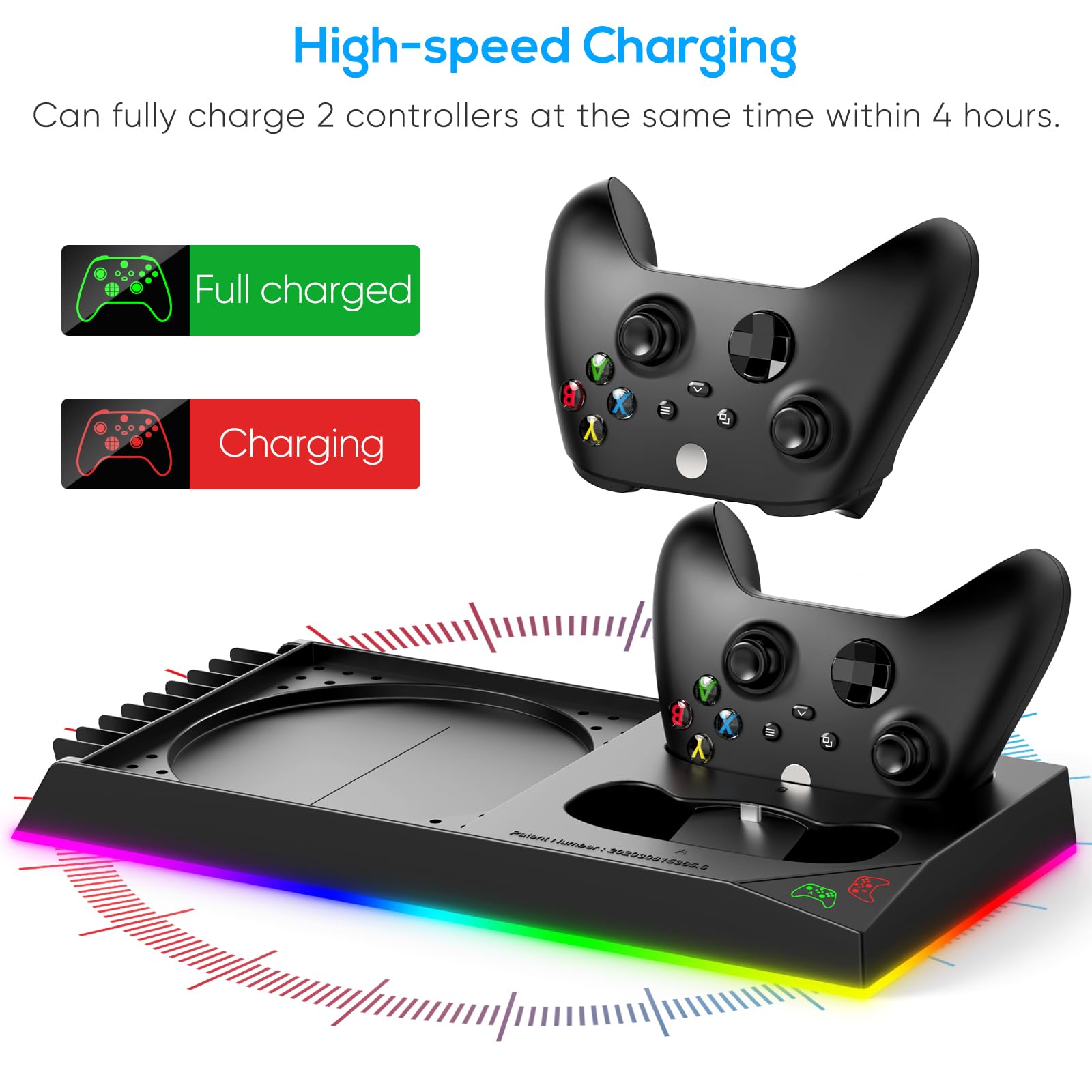 Upgraded Xbox Series X Stand with Cooling Fan & RGB Lights - Charging Station, Controller Dock, Game Storage Rack & Headset Stand - Includes 2X1400mAh Rechargeable Batteries - Perfect for Gaming Setup & Console Organization