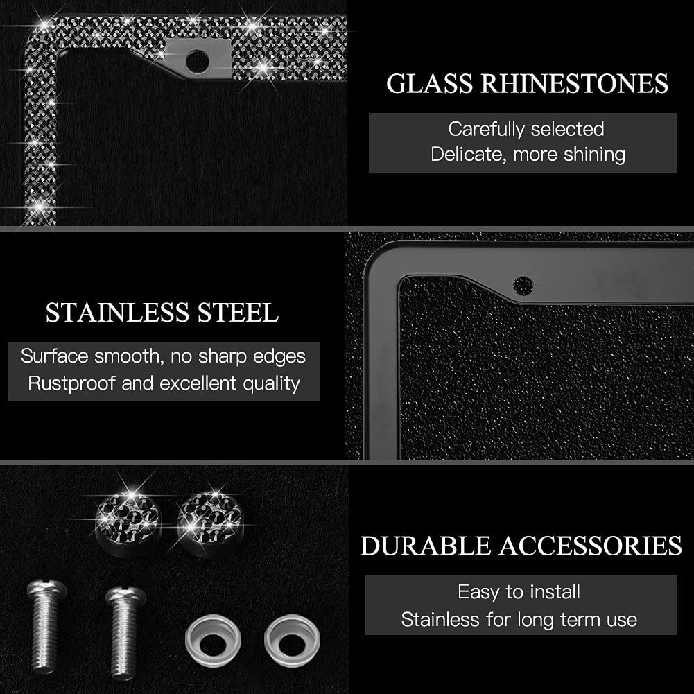 OTOSTAR 1 Pack Bling License Plate Frame with Ribbon Bow - Handcrafted Shiny Rhinestones Premium Stainless Steel 2 Hole License Plate Holder with Anti-Theft Screw Caps Set (Black/Red Bowtie) - Perfect for Car Decoration, Gift Giving & Customizing Your Vehicle