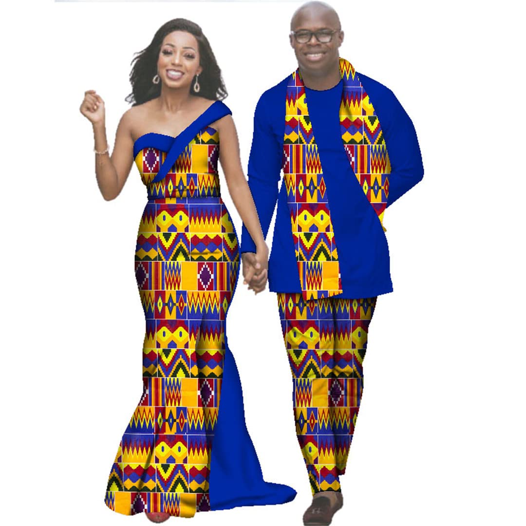 African Print Dresses for Women & Men - Matching Couples Outfits, Long Sleeve Shirt and Pants Sets (XXXL) - Perfect for Weddings, Cultural Events and Date Nights