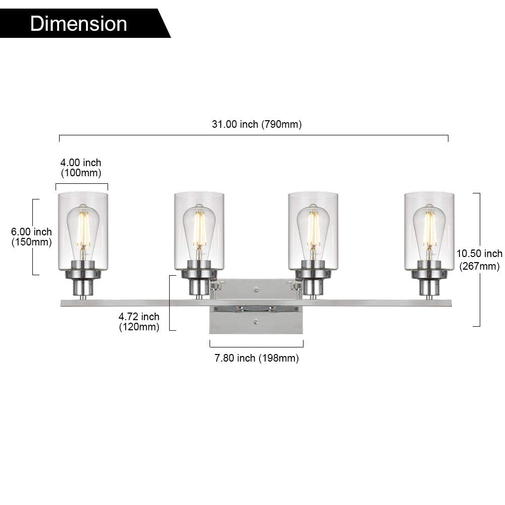 4-Light Modern Bathroom Vanity Light Fixture - Chrome Finish with Clear Glass Shade - Wall Mount Mirror Lighting for Bedroom, Dressing Table & Vanity (Perfect for Makeup Application & Home Decor)