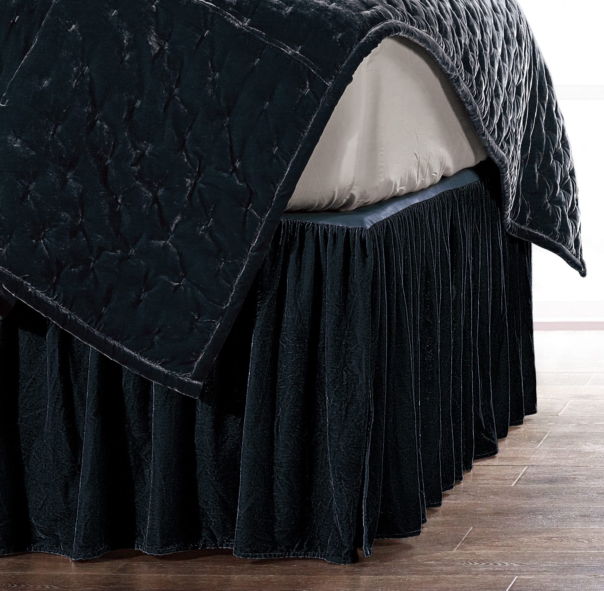 Stella Faux Silk Velvet Bed Skirt - Midnight Blue Queen Size Bedding | Elegant Western Traditional Style for Romantic & Modern Bedrooms | Perfect for Master Bedroom Decor & Luxury Hotel Style Makeover