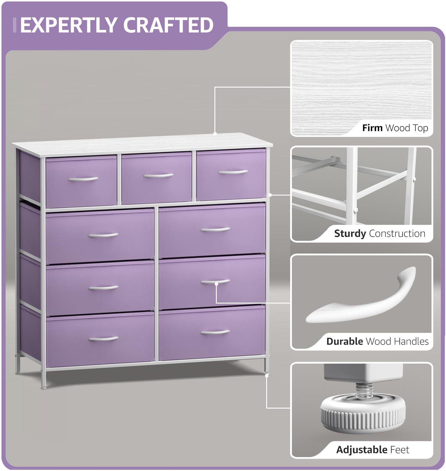 Sorbus 9-Drawer Kids Dresser with Steel Frame & Wood Top - Purple Fabric Storage Chest for Bedroom, Closet, Office Organization - Perfect for Kids' Room, Nursery, and Dormitory Storage Solutions