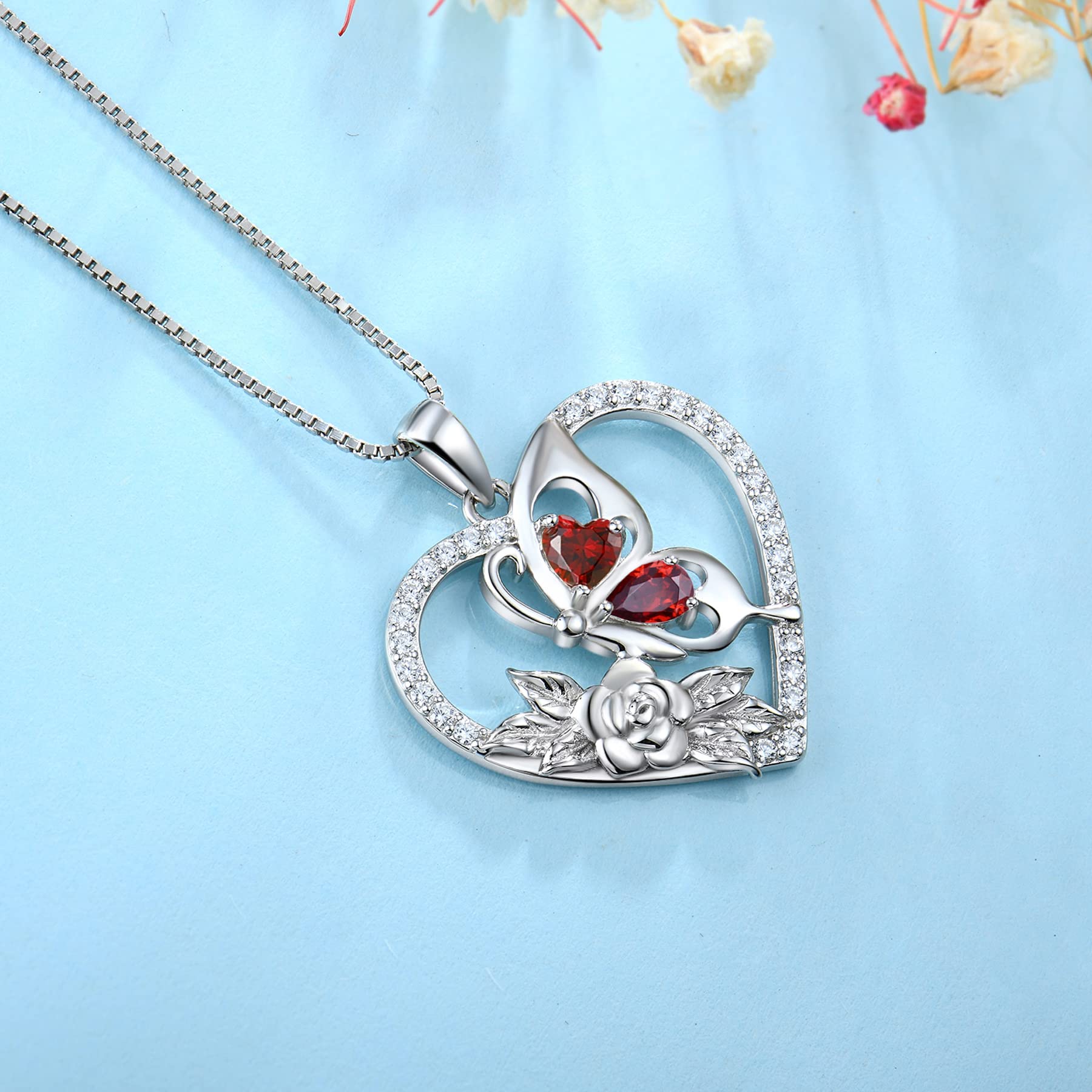 YL Women's Butterfly Necklace - 925 Sterling Silver Flower Rose Pendant with Birthstone Halo Jewelry for Valentine's Day, Anniversary & Birthday Gifts