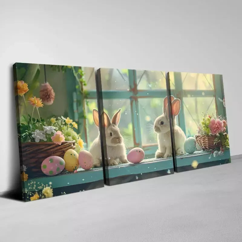 3pcs Easter Bunny Canvas Wall Art Set with Florals & Eggs - 50x70cm Framed Canvas Prints | High Quality Australian Made | Ready to Hang | Perfect for Easter Home Decor, Nursery & Living Room Wall Decor