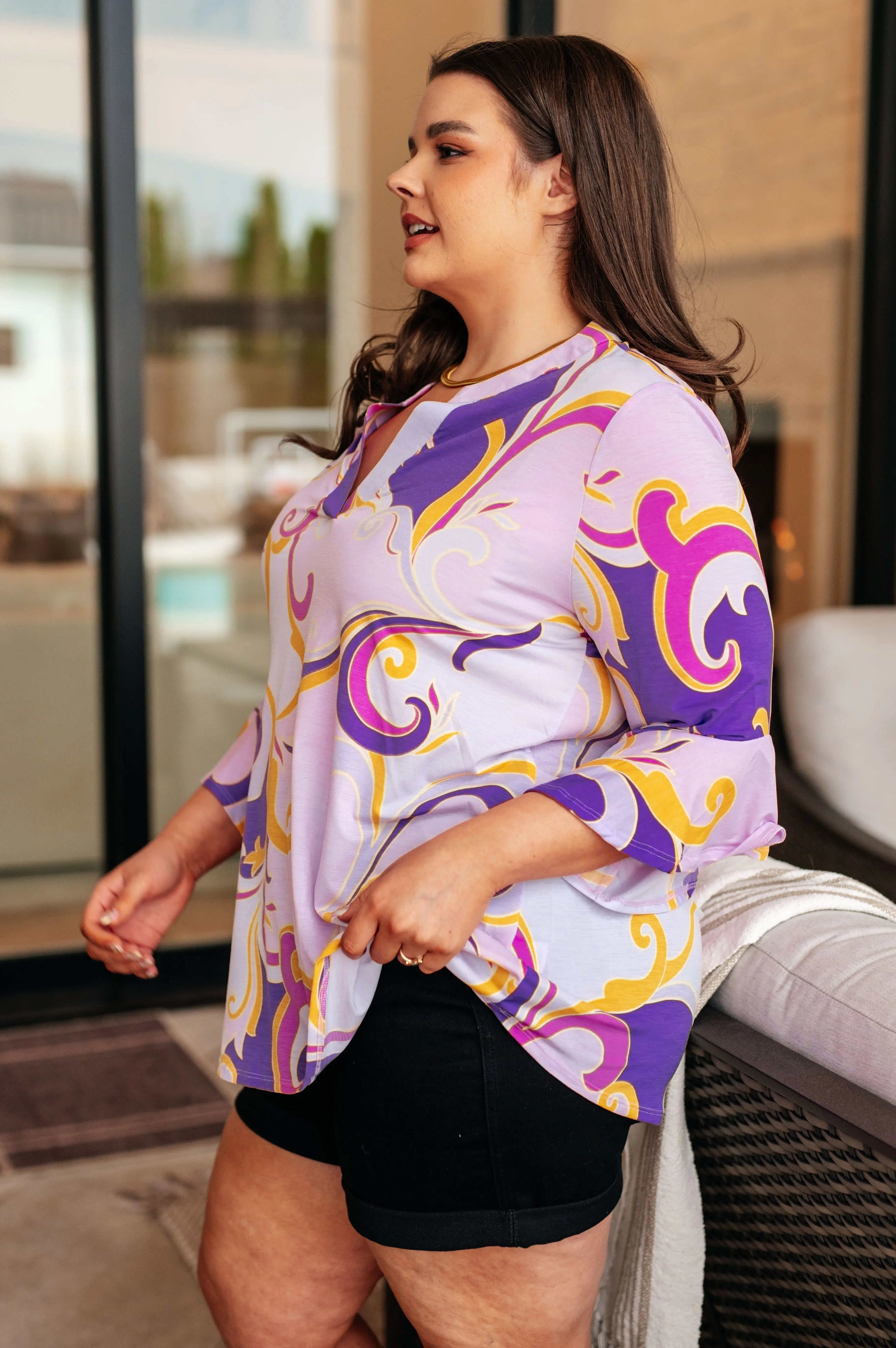 Lizzy Bell Sleeve Blouse - Elegant Regal Lavender & Gold Women's Top for Work, Party & Special Occasions