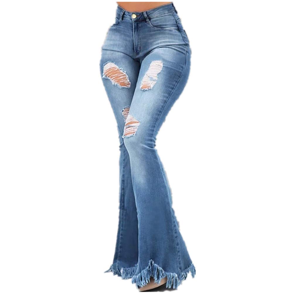 Stylish Youchu Distressed Denim Flare Pants with Fringe Details - Perfect for Casual Outfits, Boho Chic Looks & Vintage Fashion