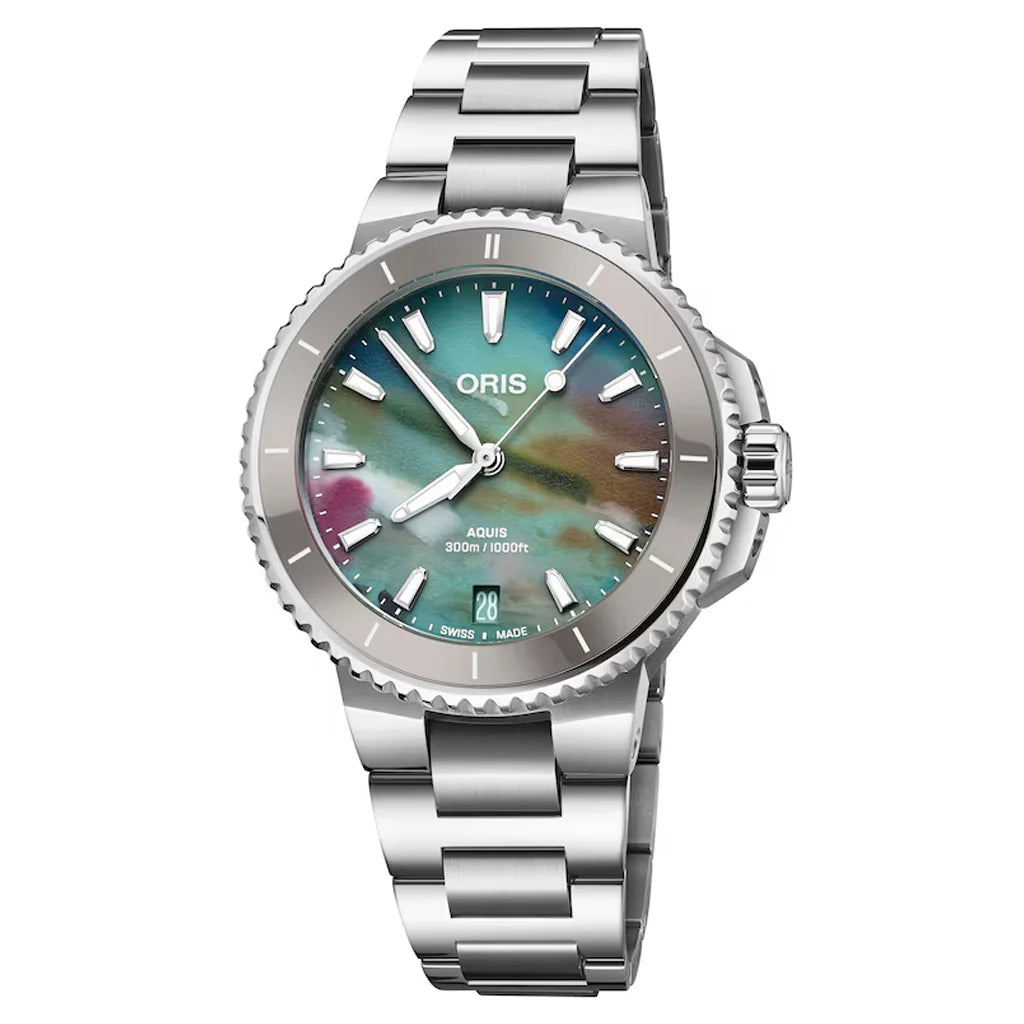 Oris Aquis Date Upcycle 36.5mm Multicolored Dial Women's Watch 01 733 7792 4150 - Recycled Ocean Plastic Timepiece for Diving, Swimming & Everyday Wear